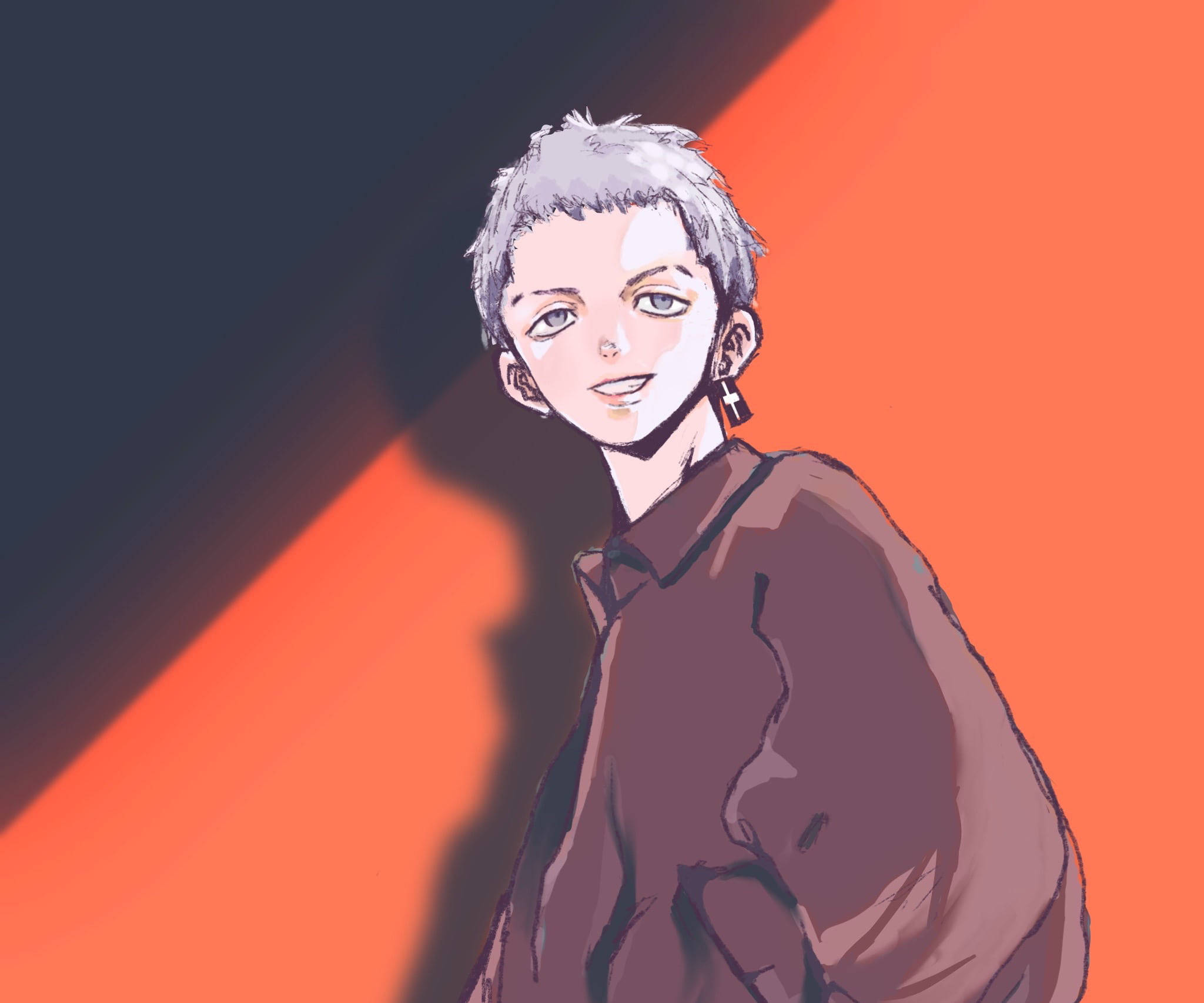 Mitsuya Takashi 桌布 壁紙 — 一個風格化的動漫角色，短灰髮，溫暖的笑容，站在大膽的橙色和深藍色對角線背景前。