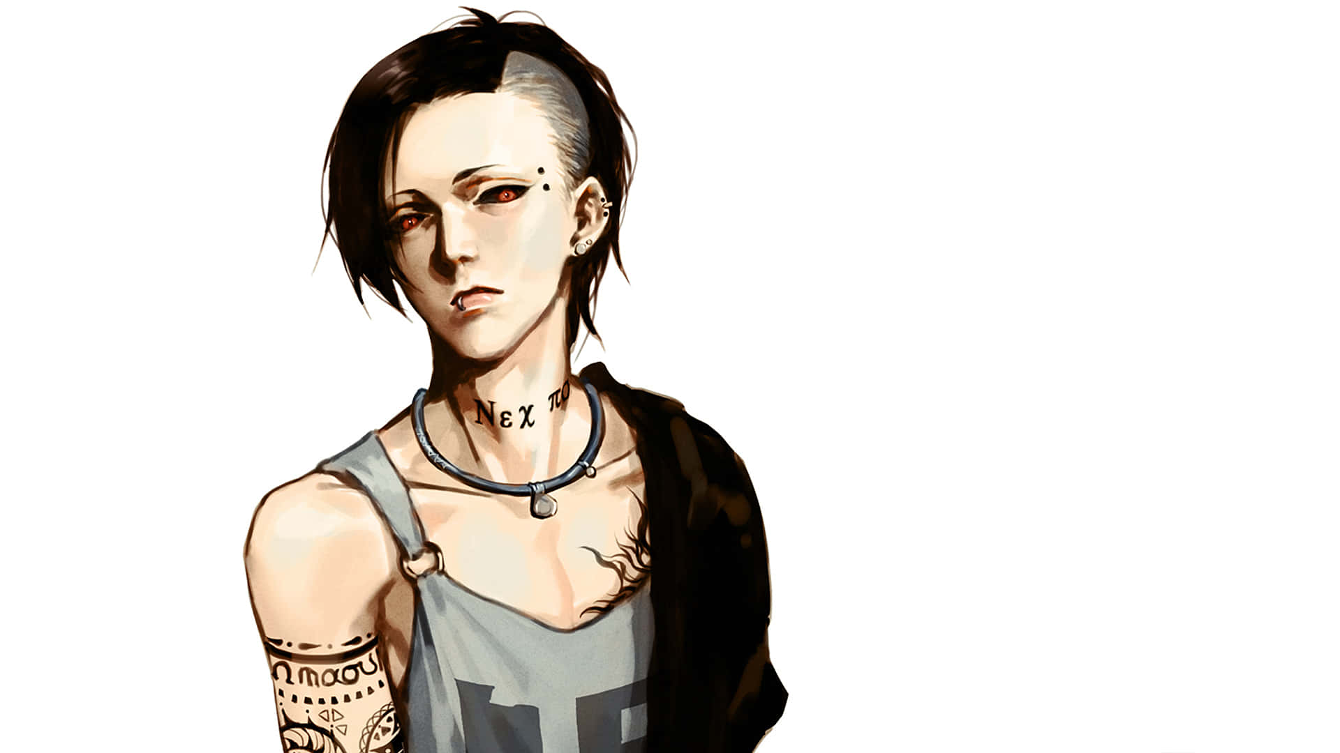 Tokyo Ghoul Uta 桌布 壁紙 — 一個風格化的動漫角色，短黑髮紅眼，穿著背心，頸部和手臂有紋身，背景為純白色。