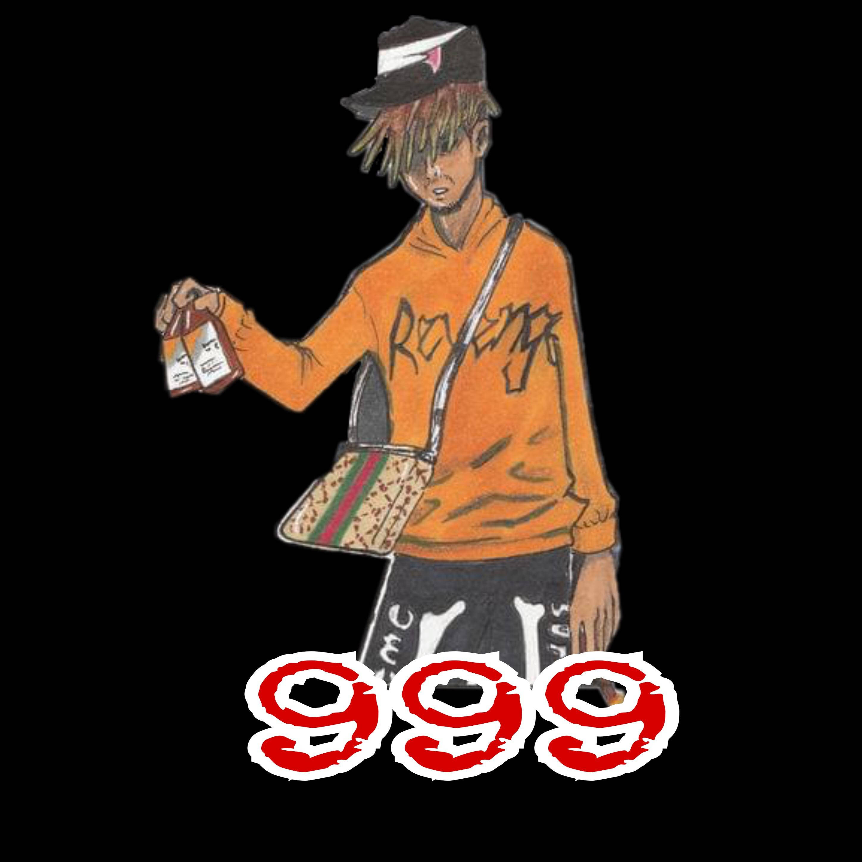 Juice WRLD 桌布 壁紙 — 一個風格化的動漫角色，穿著橙色連帽衫和帽子，在黑色背景前，身上斜挎著一個圖案包，手持一個瓶子。