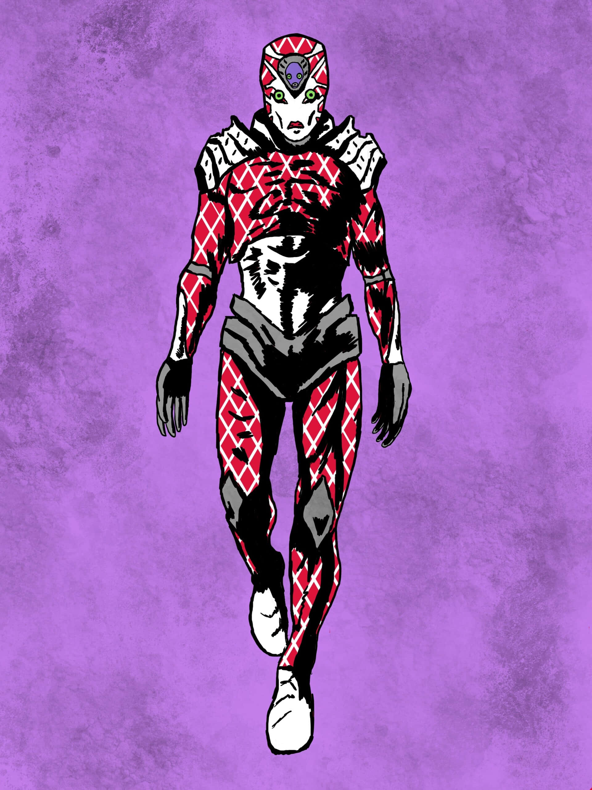 Jojo King Crimson 桌布 壁紙 — 一個風格化的動漫角色，穿著紅白菱形圖案盔甲，在紋理紫色背景上行走。