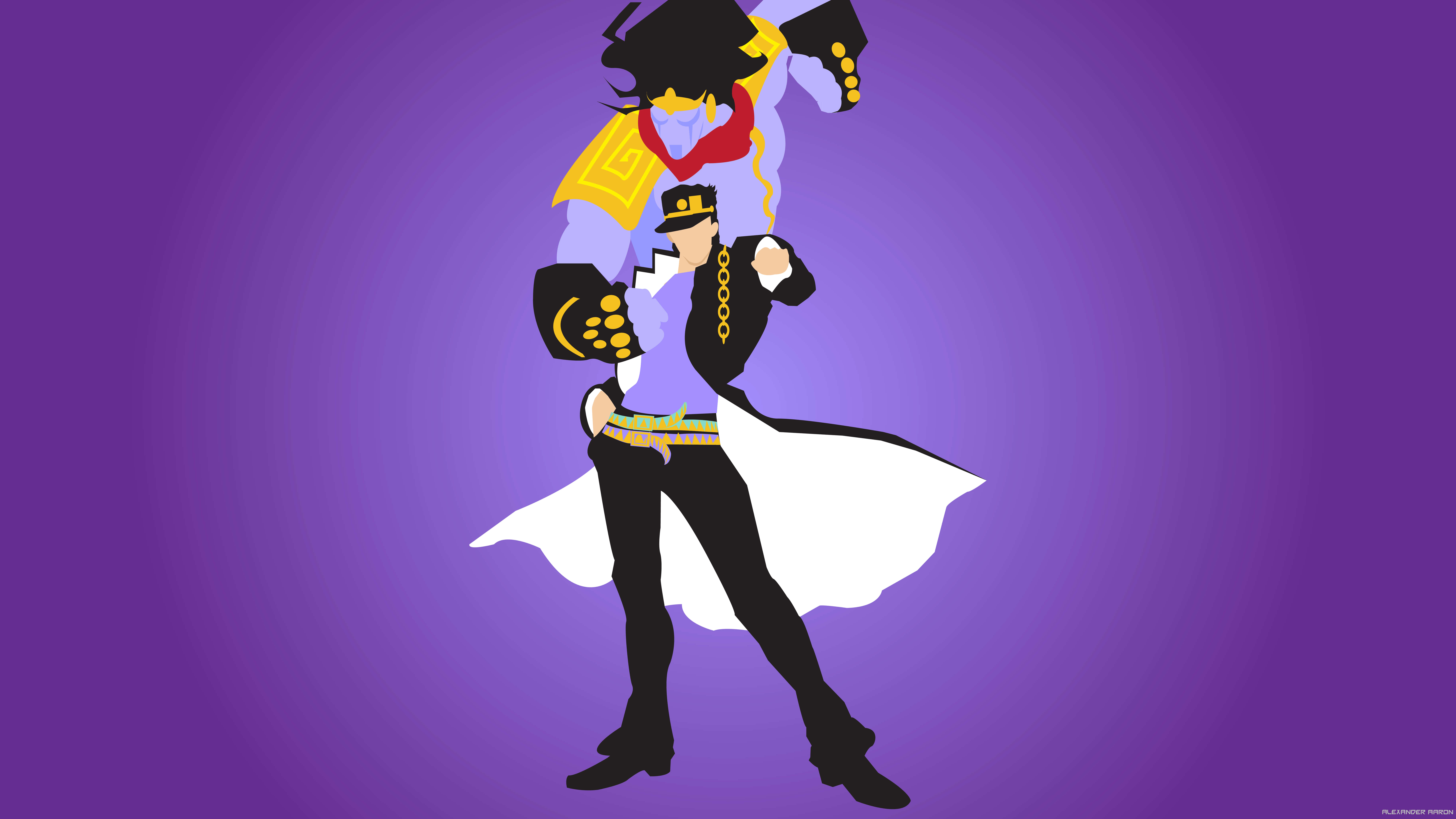 Josuke Higashikata 桌布 壁紙 — 一個風格化的動漫角色，穿著黑白相間、帶有金色點綴的服裝，在紫色漸變背景前擺出動態姿勢。