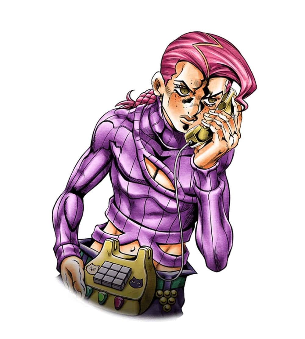 Vinegar Doppio 桌布 壁紙 — 一個風格化的動漫角色，粉紅色頭髮和紫色服裝，將復古電話貼在耳邊，同時抓著一台復古遊戲機。