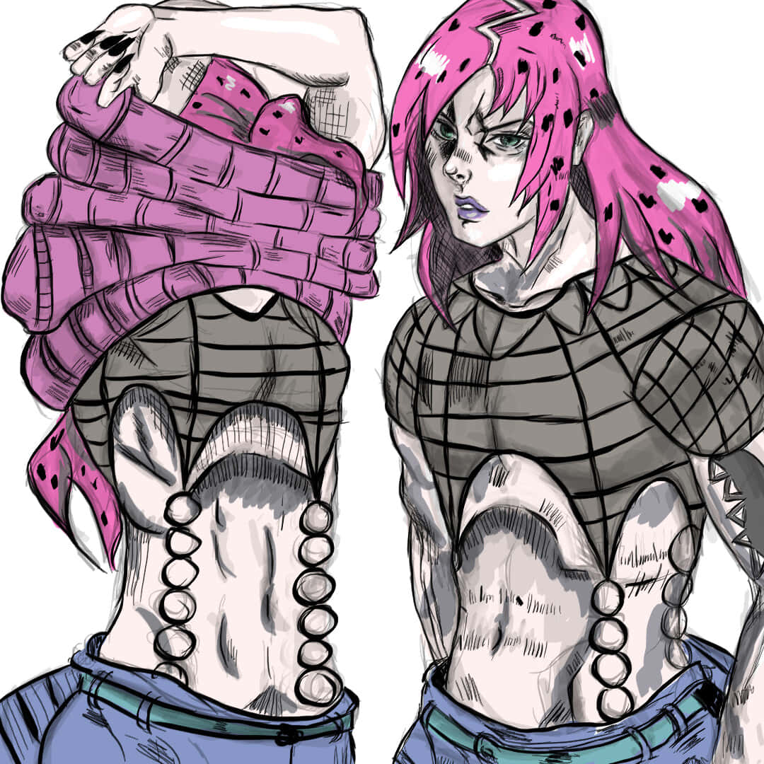 Jojo's Bizarre Adventure Diavolo 桌布 壁紙 — 一個風格化的動漫角色，粉紅色頭髮，一條紫色蛇纏繞在頭上，穿著格紋襯衫。