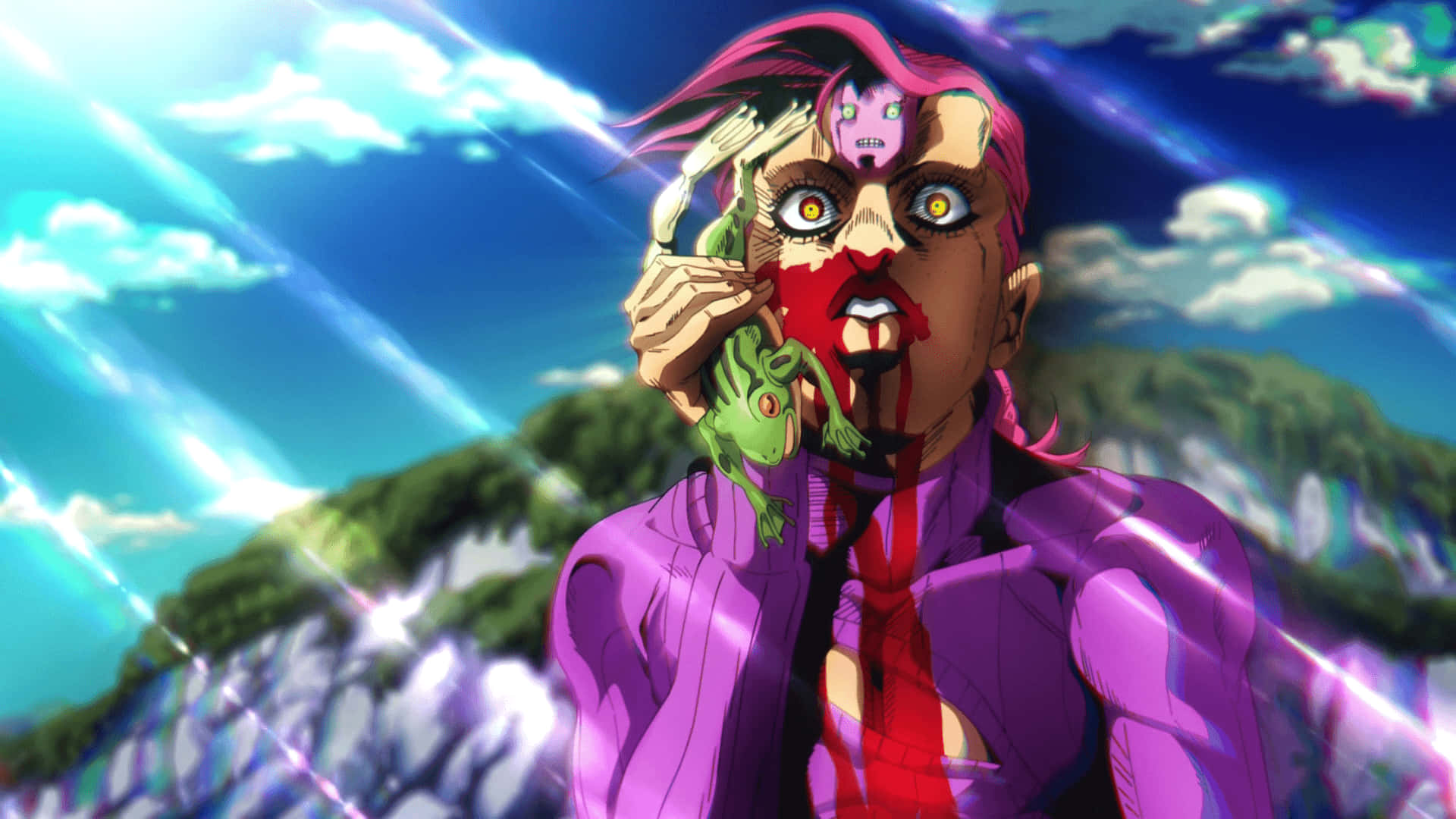 Vento Aureo 桌布 壁紙 — 一個風格化的動漫角色，粉紅色頭髮，臉上有一隻綠色青蛙，背景是充滿活力的天空和山脈。