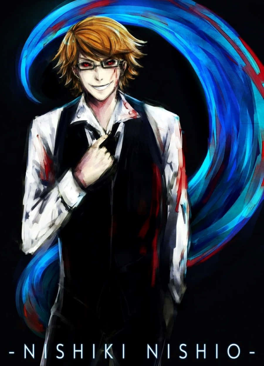 Nishiki Nishio 桌布 壁紙 — 一個風格化的動漫角色，紅眼睛，白色襯衫沾滿血跡，站在旋轉的藍色和紅色漩渦背景前。