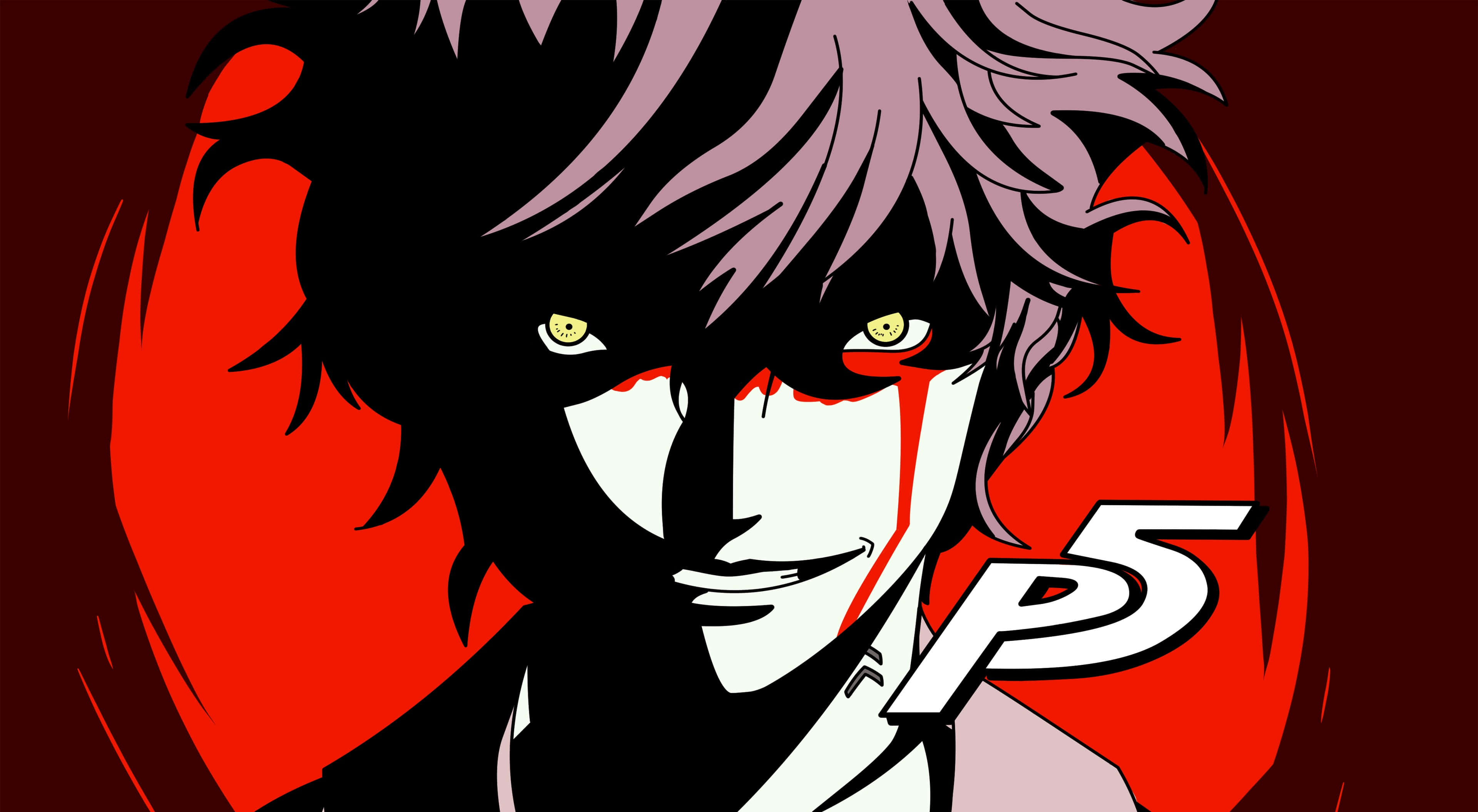 persona 桌布 壁紙 — 一個風格化的動漫角色，紫色頭髮和黃色眼睛，在鮮紅色背景上微笑，帶有「P5」標誌。