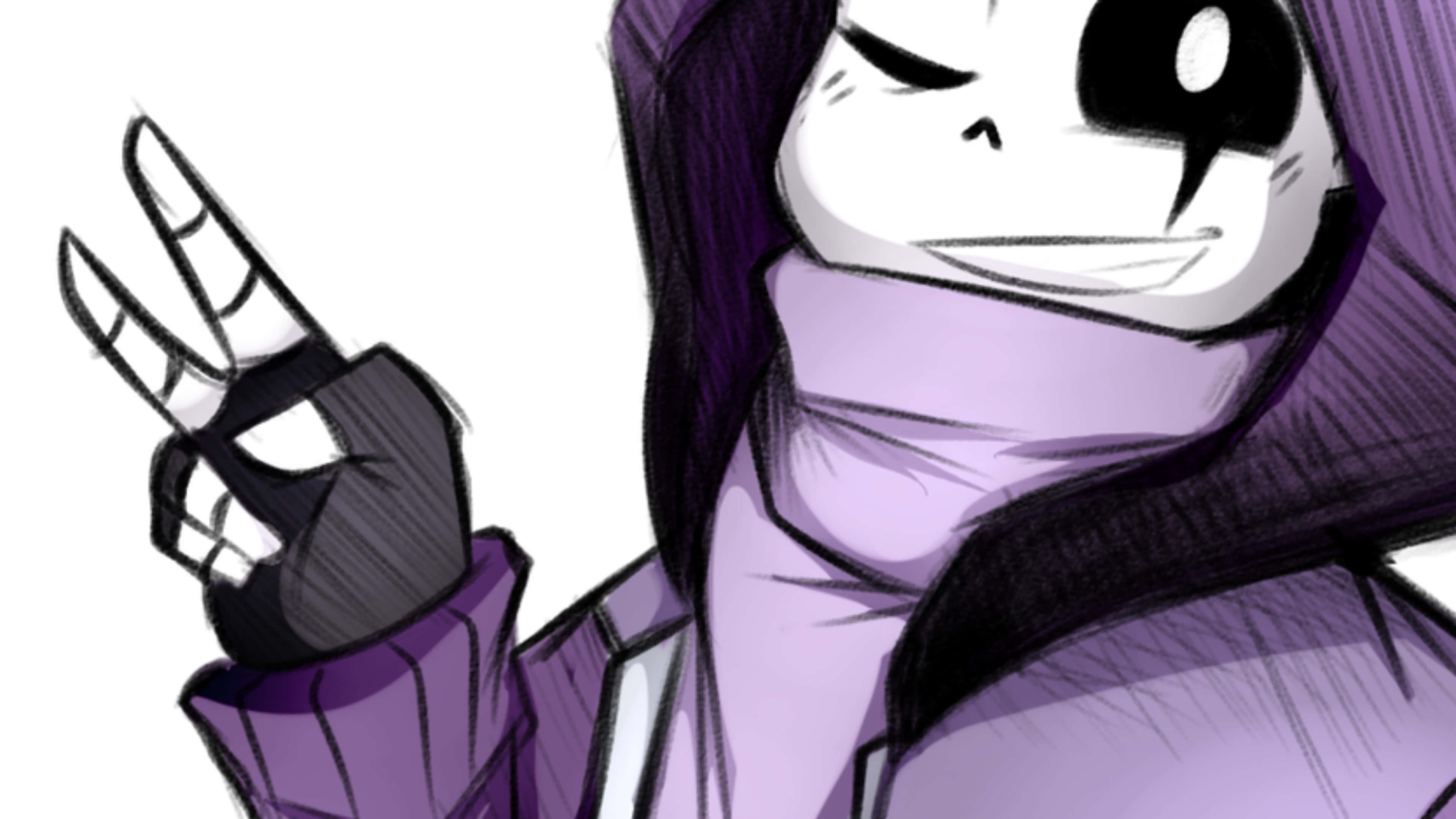 sans 桌布 壁紙 — 一個風格化的動漫角色，紫色頭髮和連帽衫，露出頑皮的笑容並比出和平手勢。