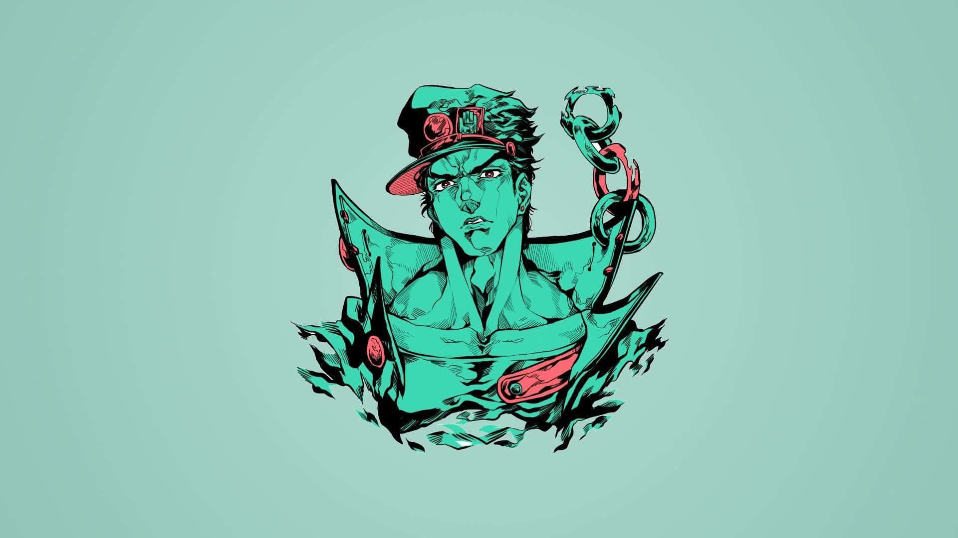 Jotaro 桌布 壁紙 — 一個風格化的動漫角色，綠色皮膚配紅色點綴，手持鎖鏈衝破青綠色背景。