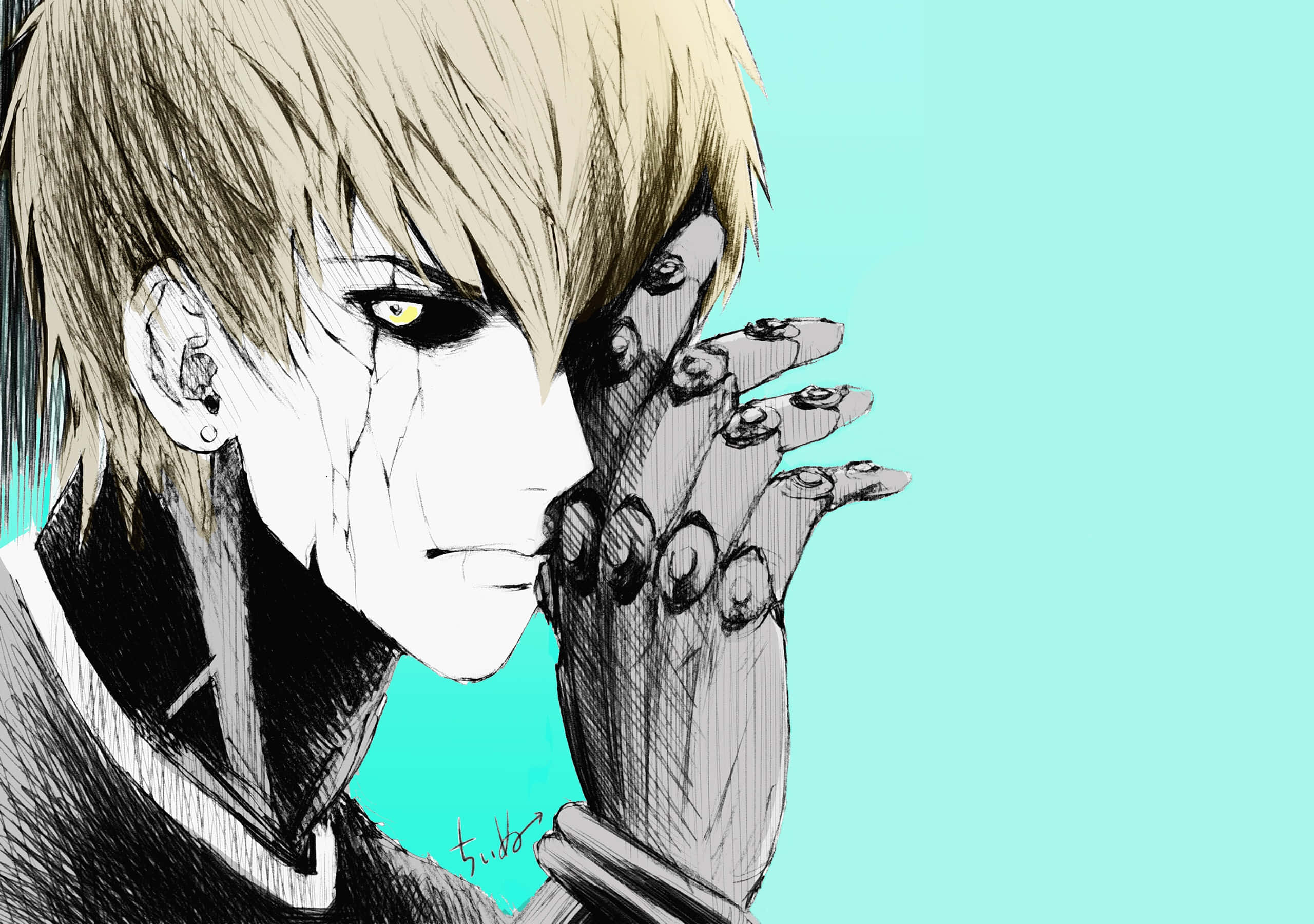 Genos 桌布 壁紙 — 一個風格化的動漫角色，蒼白的皮膚和黃色的眼睛，用機械手部分遮住臉，背景是青綠色。