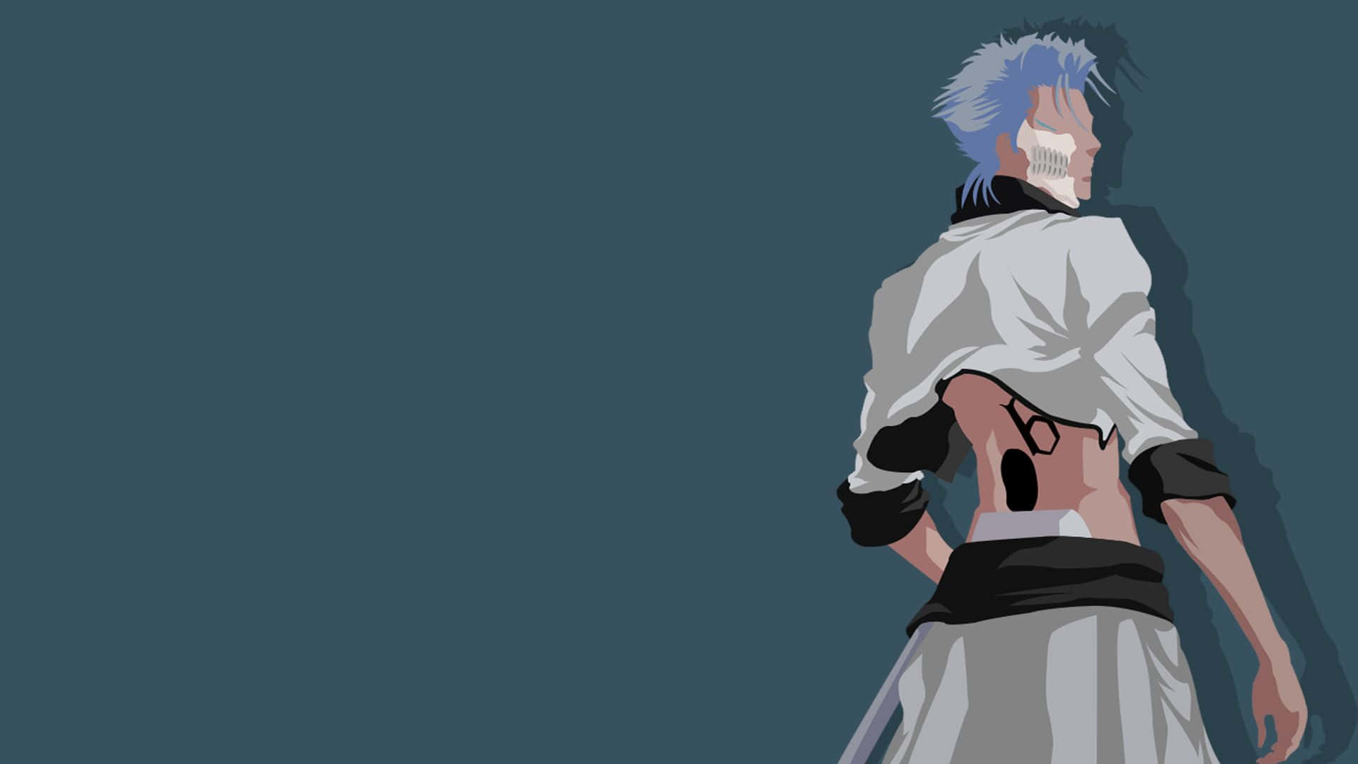 Grimmjow Jaegerjaquez 桌布 壁紙 — 一個風格化的動漫角色，藍色頭髮，戴著骷髏面具，側面站立在純青色背景前。