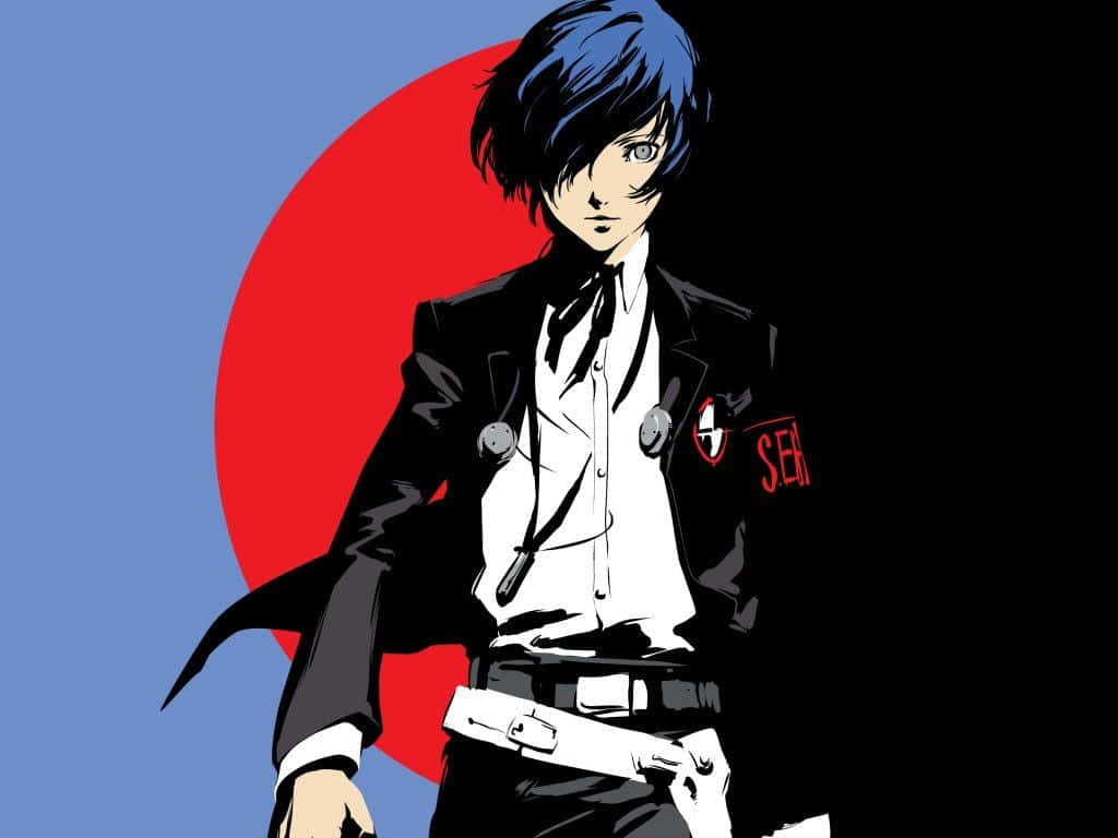 persona 桌布 壁紙 — 一個風格化的動漫角色，藍色頭髮，黑色西裝，站在藍色和黑色背景上一個大膽的紅色圓圈前。