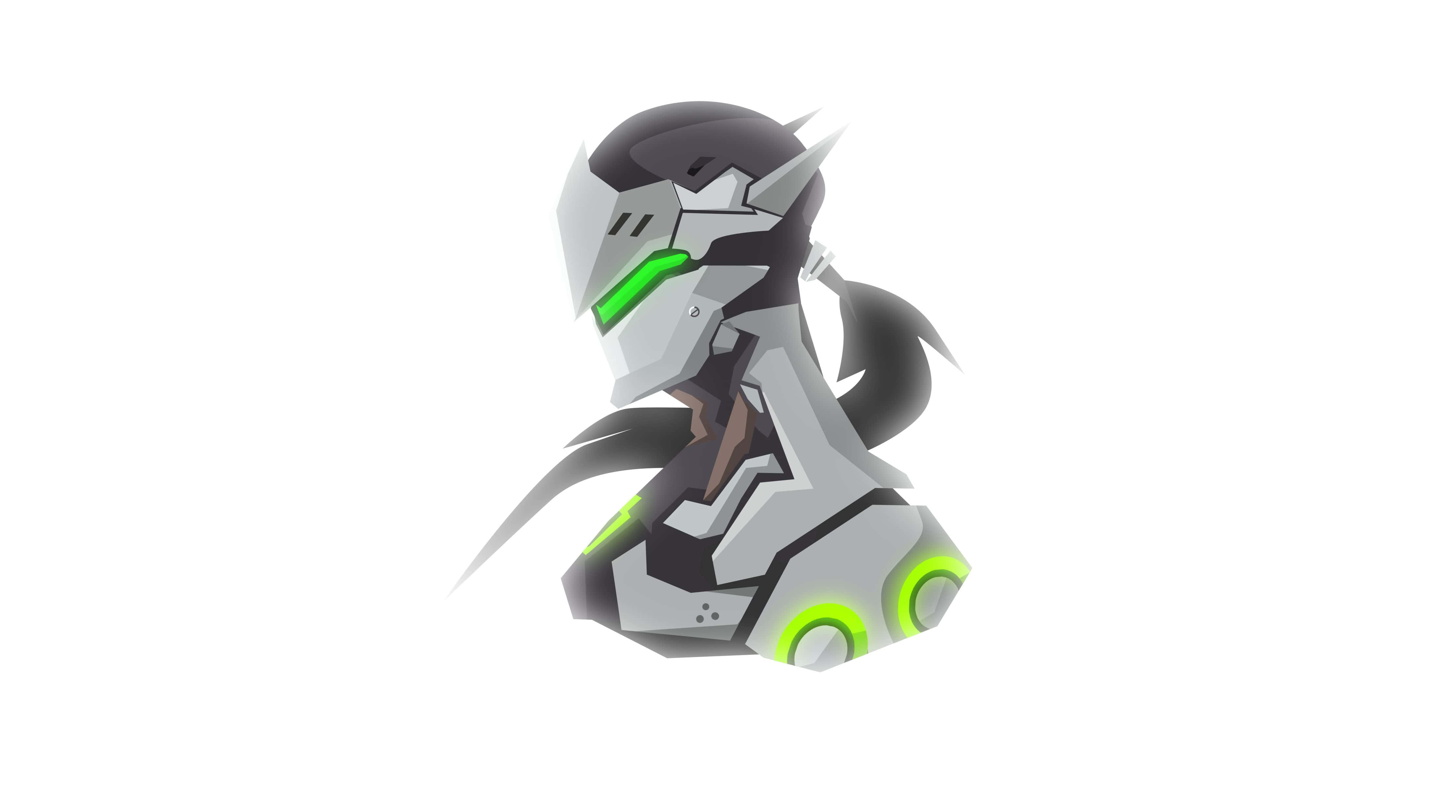 Overwatch Genji 桌布 壁紙 — 一個風格化的動漫角色，身穿光滑的銀色盔甲，帶有發光的綠色點綴和深色馬尾辮，背景為白色。