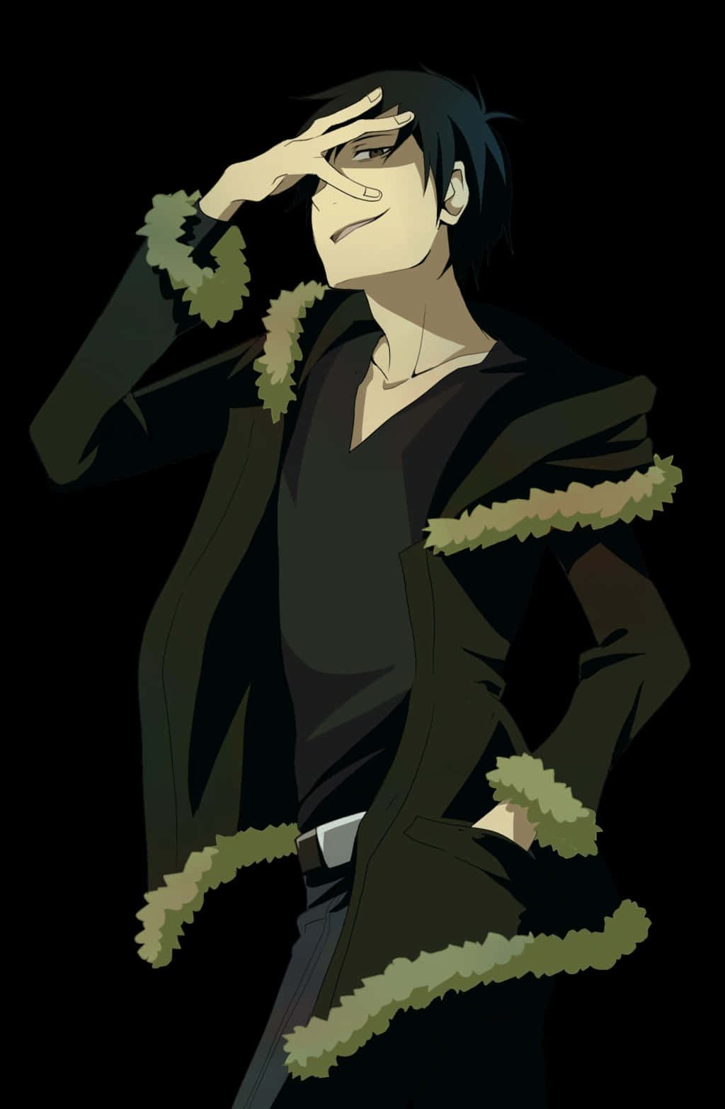 Izaya Orihara 桌布 壁紙 — 一個風格化的動漫角色，身穿帶有綠色毛皮飾邊的深色外套，在黑色背景前遮擋眼睛。