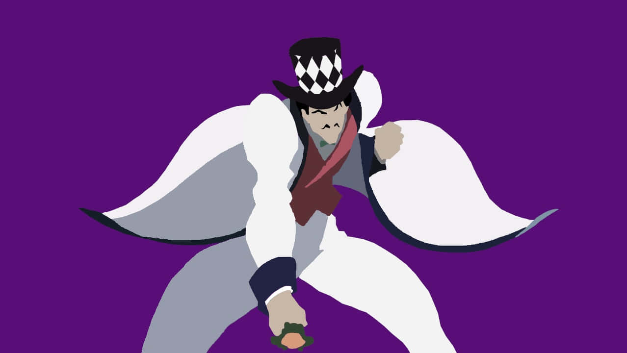 Will A Zeppeli 桌布 壁紙 — 一個風格化的動漫角色，身穿白色外套和格子高帽，在純紫色背景前擺出動態姿勢。
