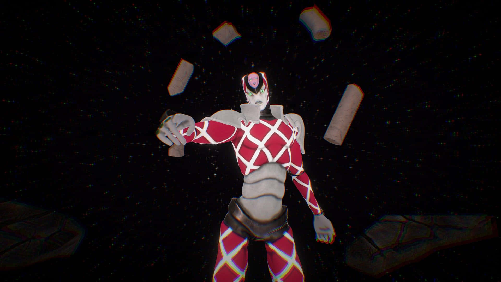 Jojo King Crimson 桌布 壁紙 — 一個風格化的動漫角色，身穿紅白菱形圖案盔甲，在星空宇宙背景下雜耍漂浮的方塊。