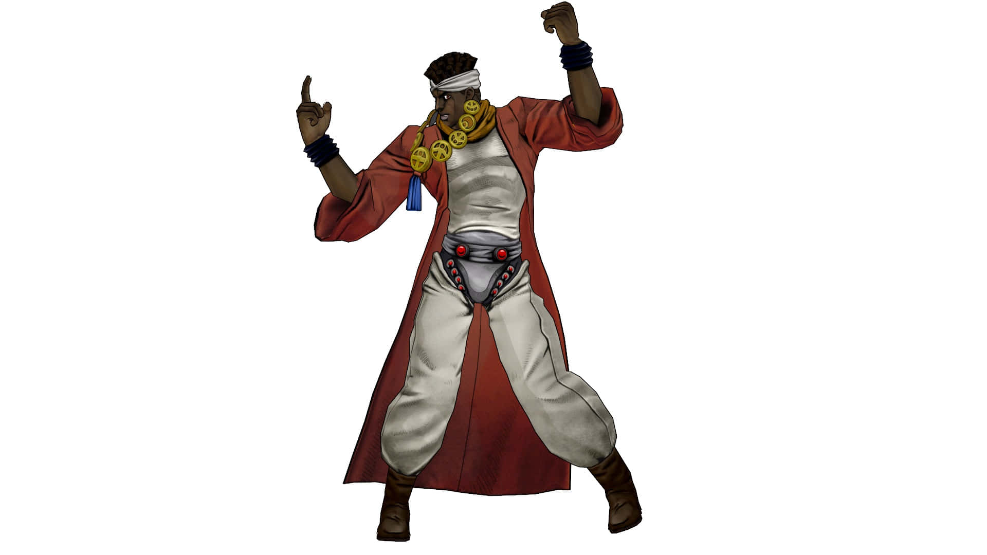 Muhammad Avdol 桌布 壁紙 — 一個風格化的動漫角色，身穿紅色外套和白色褲子，在純白背景前擺出動態姿勢，拳頭高舉。
