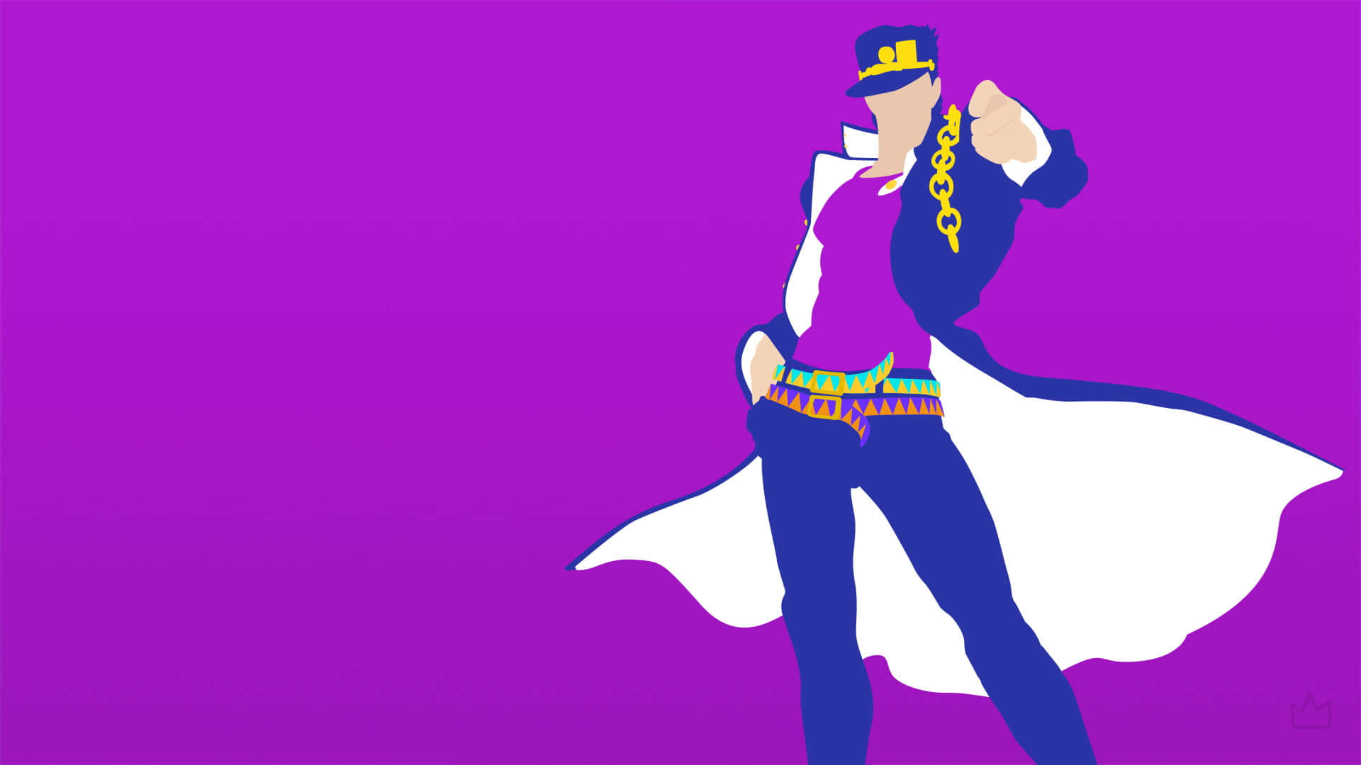 Jotaro Kujo 桌布 壁紙 — 一個風格化的動漫角色，身穿紫色西裝和白色斗篷，在純紫色背景前自信地擺姿勢。