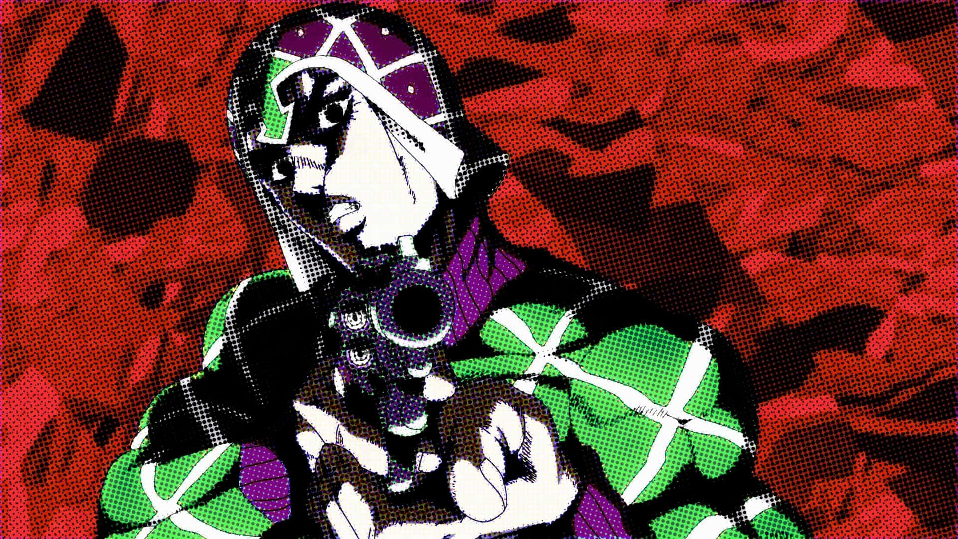 Guido Mista 桌布 壁紙 — 一個風格化的動漫角色，身穿綠色和紫色裝備，在帶有半色調點的紅色紋理背景上持槍。