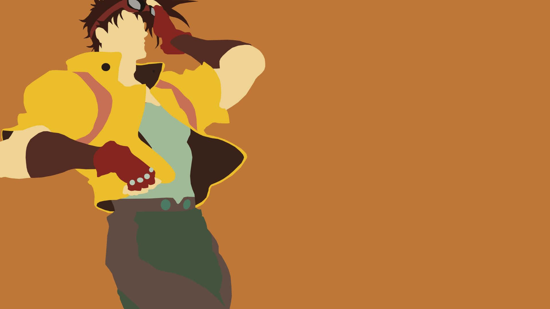 joseph joestar 桌布 壁紙 — 一個風格化的動漫角色，身穿黃色外套和紅色手套，在純橙色背景前動感擺姿勢。