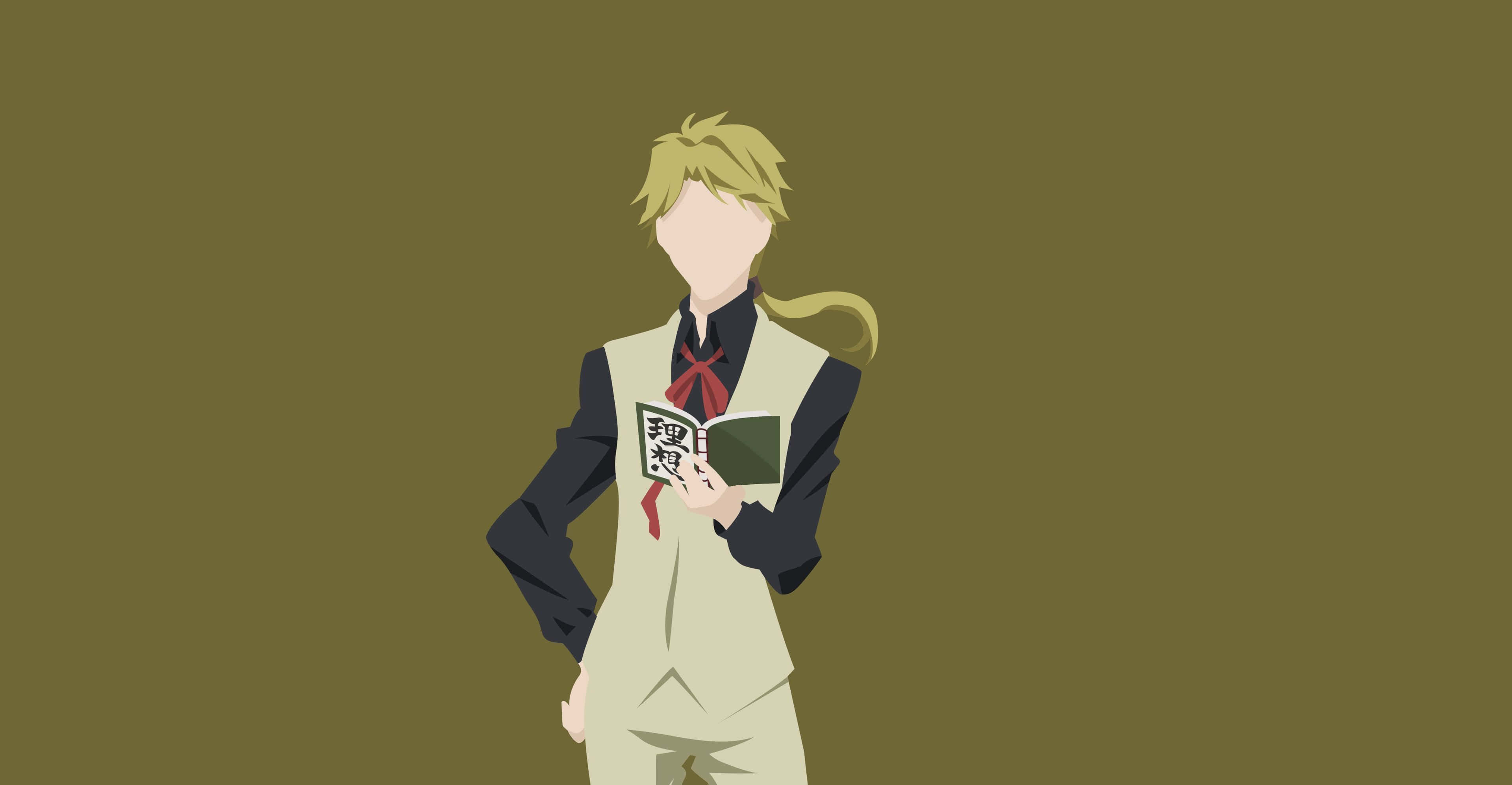 Kunikida 桌布 壁紙 — 一個風格化的動漫角色，金髮，在純橄欖綠背景前閱讀一本書。