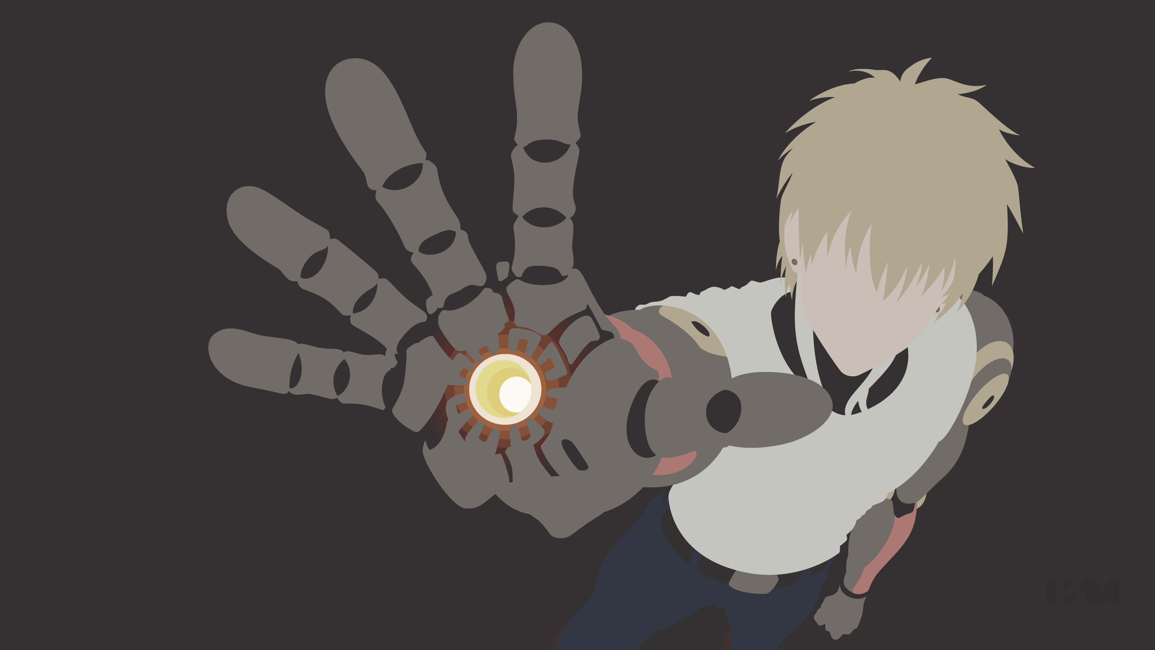 Genos 桌布 壁紙 — 一個風格化的動漫角色，金髮，在黑暗背景下伸出一隻機械手，握著一個發光的球體。