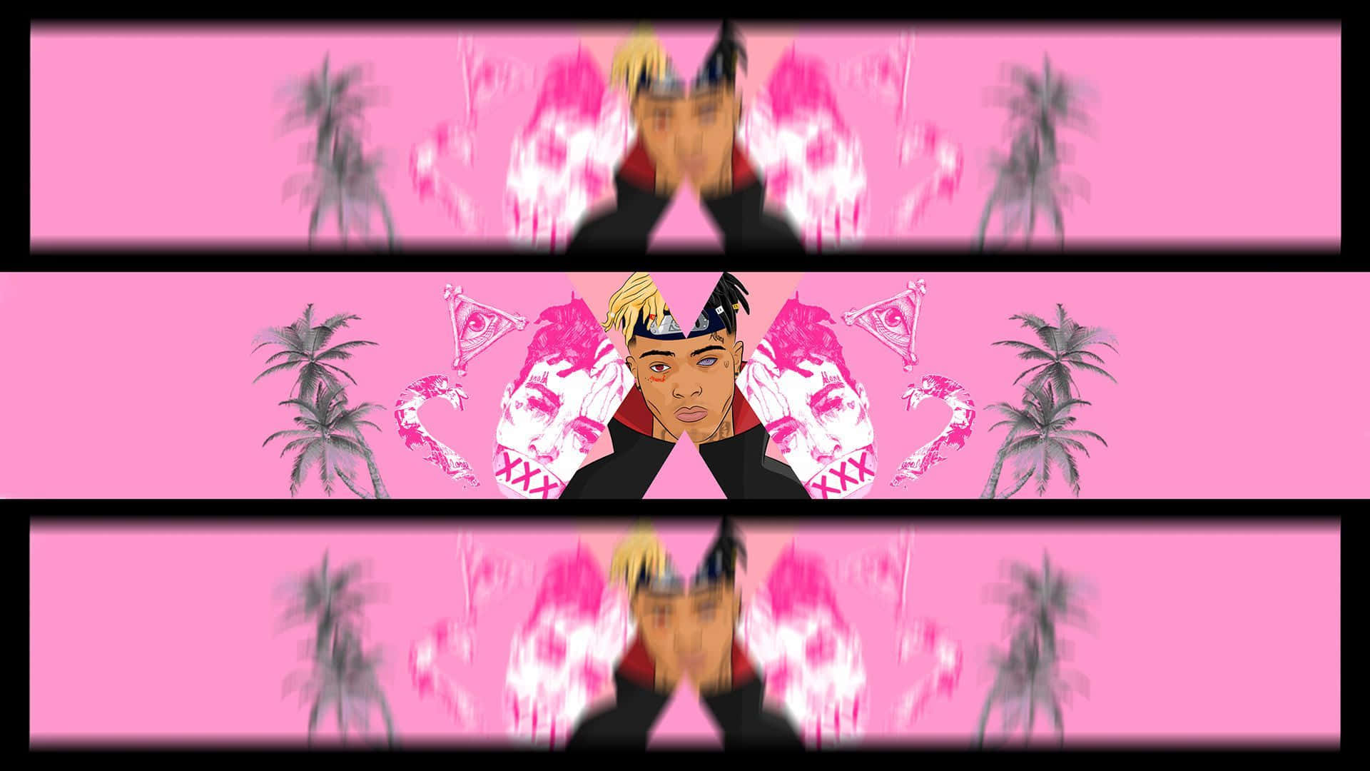 XXXTENTACION 桌布 壁紙 — 一個風格化的動漫角色，金髮和黑色頭帶，站在充滿活力的粉紅色背景中央，背景有棕櫚樹和粉紅色頭骨。