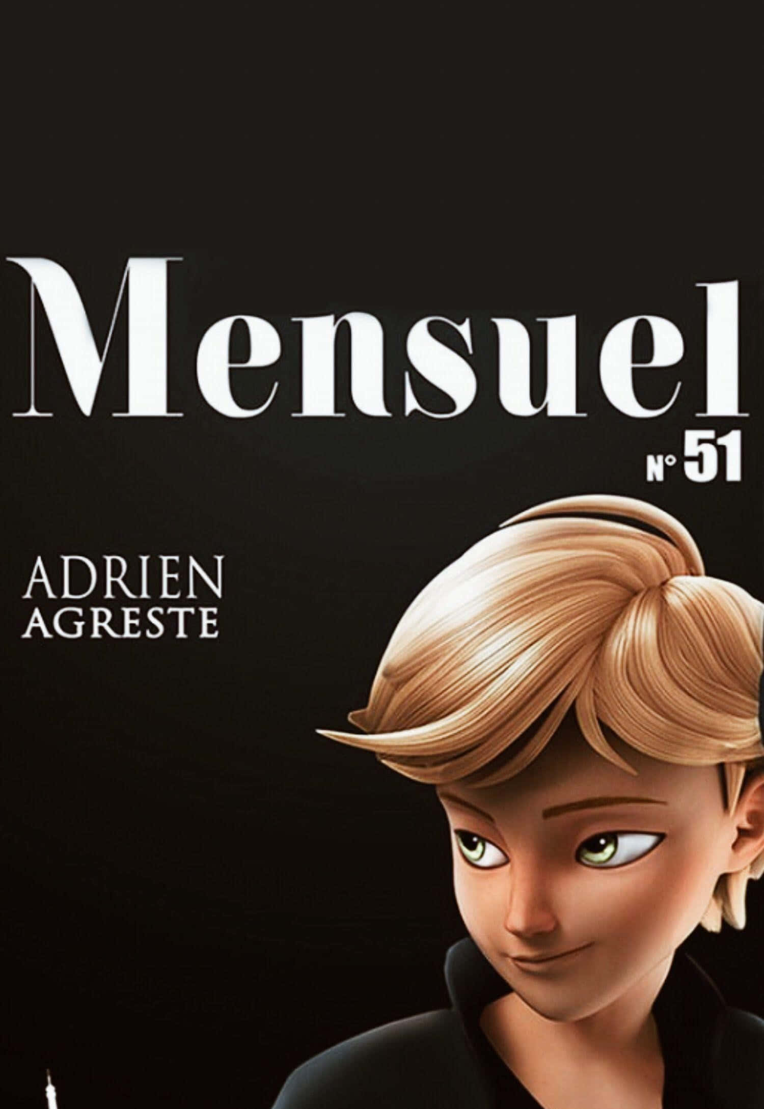 Adrien Agreste 桌布 壁紙 — 一個風格化的動漫角色，金髮碧眼，在黑色背景上自信地凝視，並帶有白色文字。