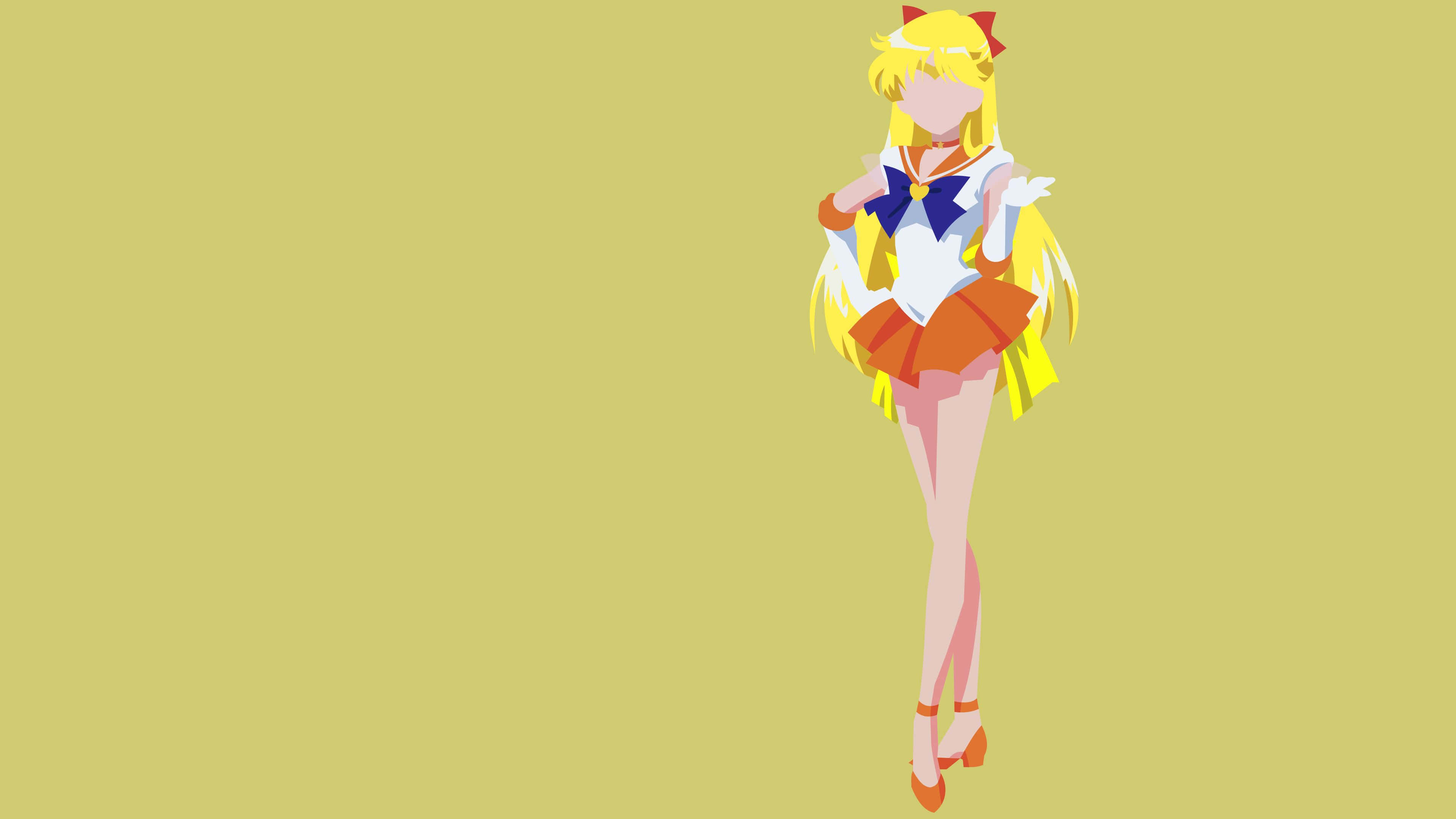 Sailor Venus 桌布 壁紙 — 一個風格化的動漫角色，金髮紅蝴蝶結，穿著水手服，站在純橄欖綠背景前。