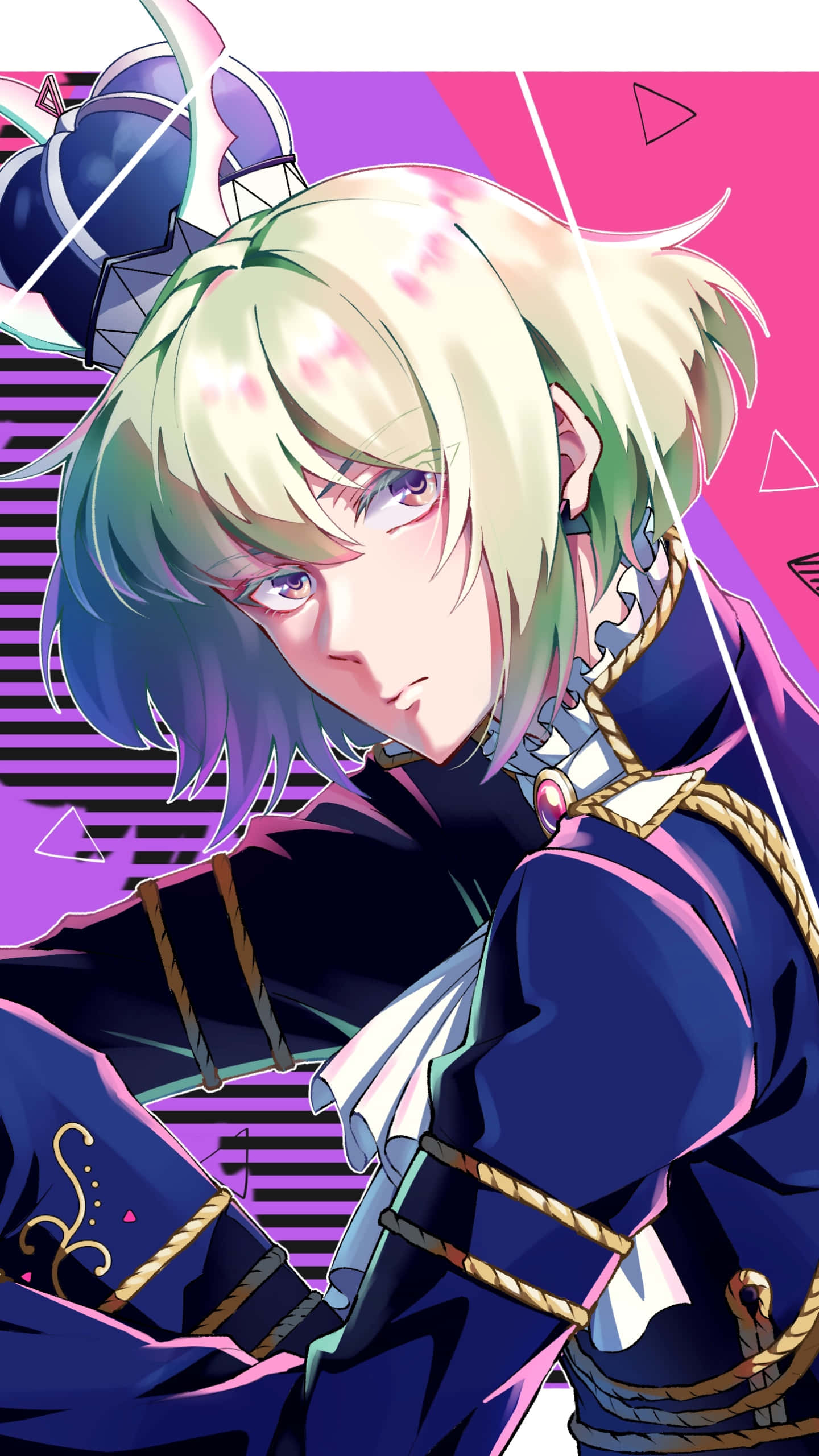 Promare 桌布 壁紙 — 一個風格化的動漫角色，金髮紫眼，在充滿活力的粉紅和紫色幾何背景前凝視著。