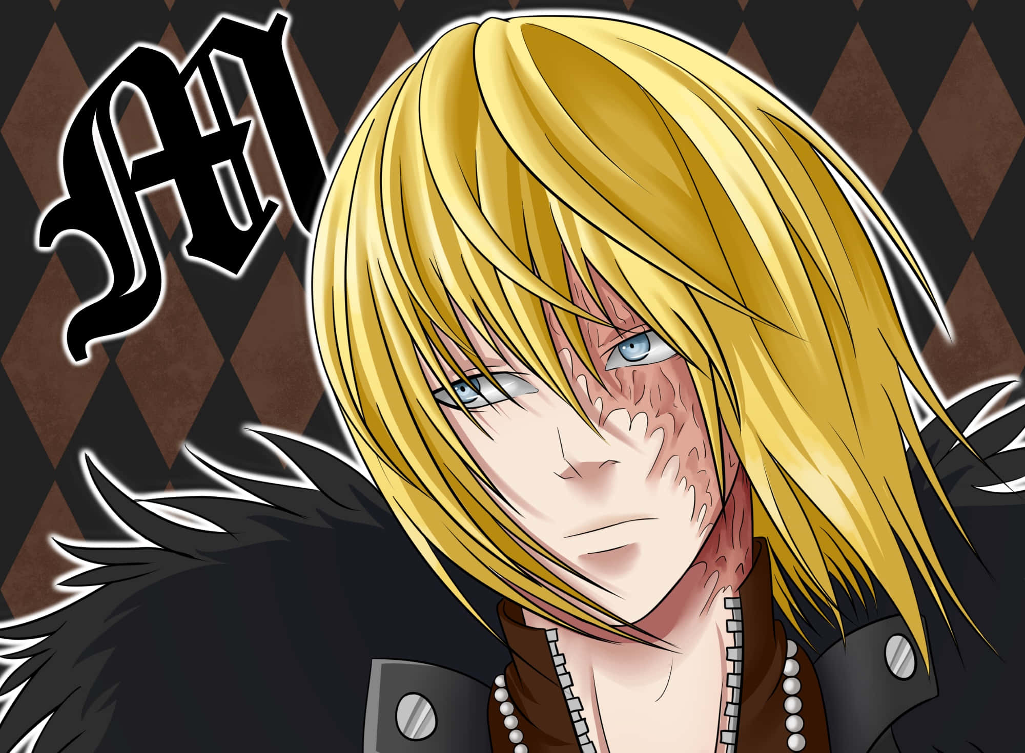 Death Note Mello 桌布 壁紙 — 一個風格化的動漫角色，金髮藍眼，穿著黑色毛領外套，背景為菱形圖案。