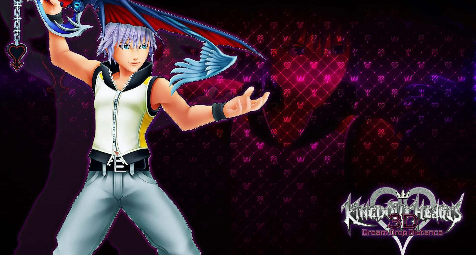Kingdom Hearts Riku 桌布 壁紙 — 一個風格化的動漫角色，銀色頭髮，在帶有心形圖案的深紫色背景上揮舞著發光的鍵刃。