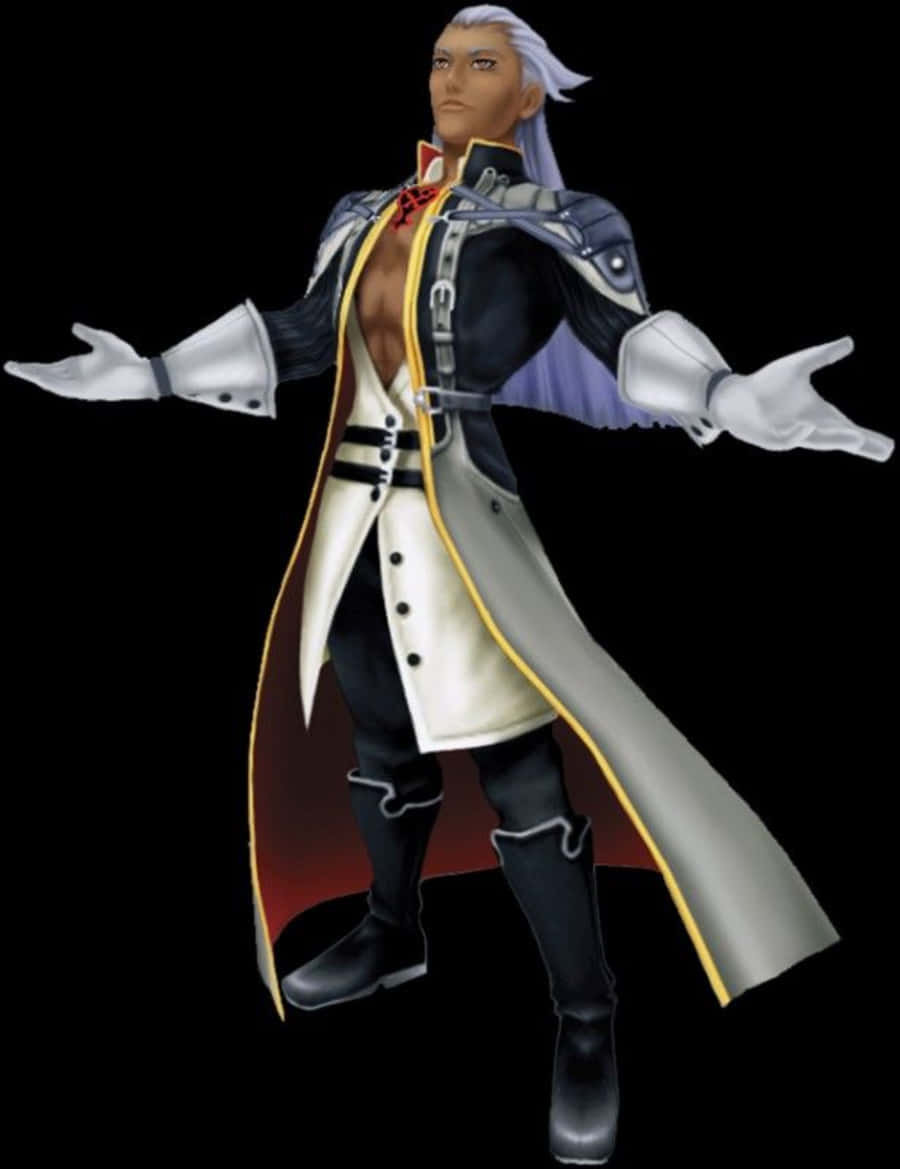 Ansem Seeker Of Darkness 桌布 壁紙 — 一個風格化的動漫角色，銀色頭髮，穿著戲劇性的開襟外套，站在黑色背景前，雙臂張開。