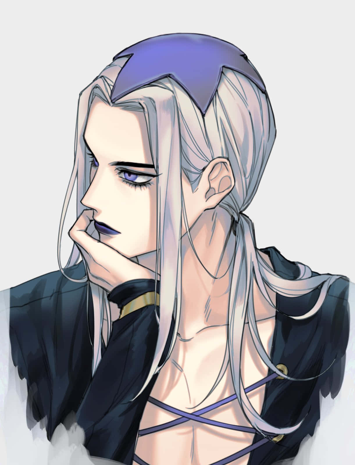 Leone Abbacchio 桌布 壁紙 — 一個風格化的動漫角色，銀色頭髮和紫色眼睛，在純色背景上用手托著下巴。