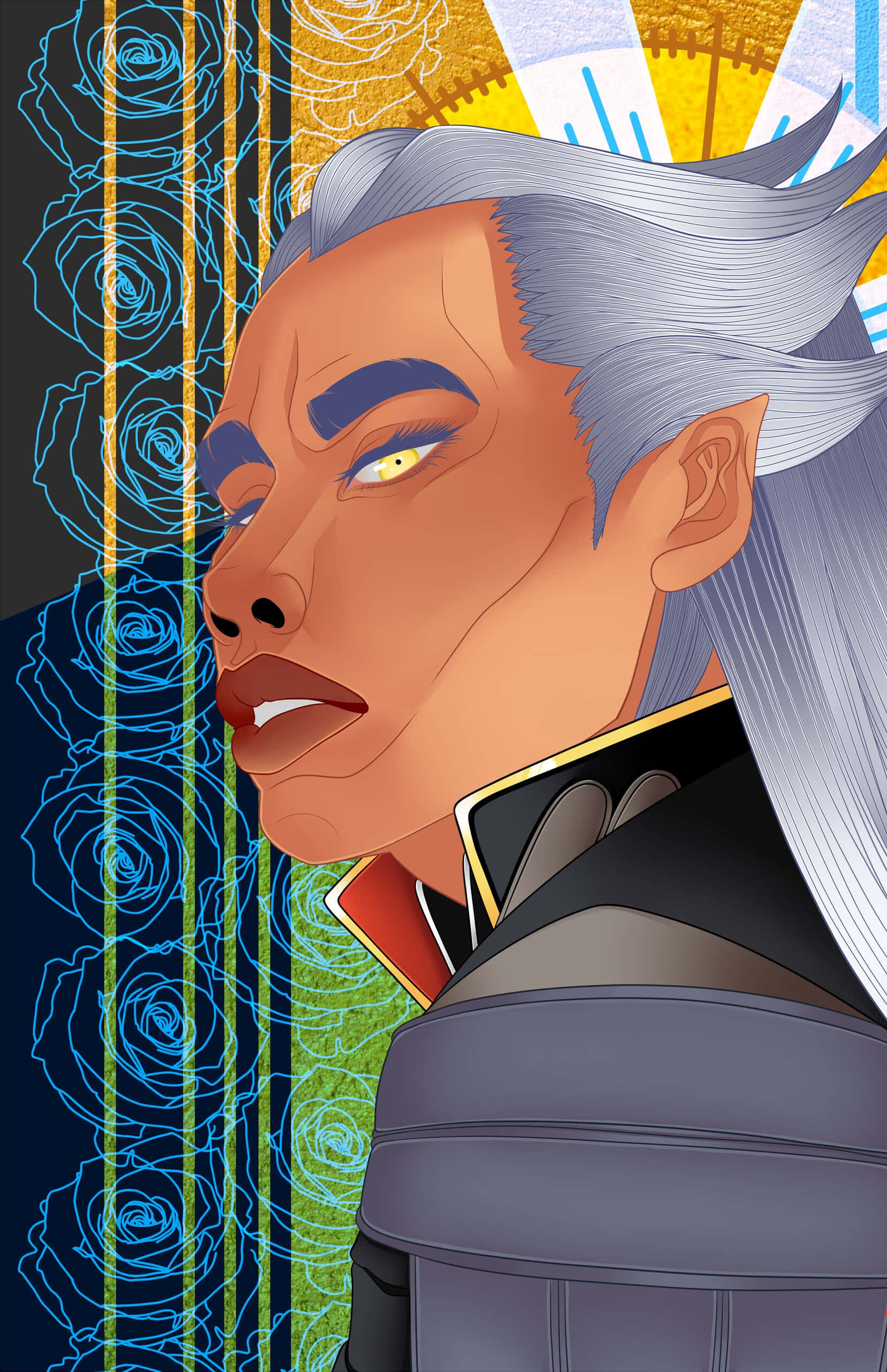 Ansem Seeker Of Darkness 桌布 壁紙 — 一個風格化的動漫角色，銀色頭髮和黃色眼睛，側視著發光的藍色玫瑰和金色圖案的背景。