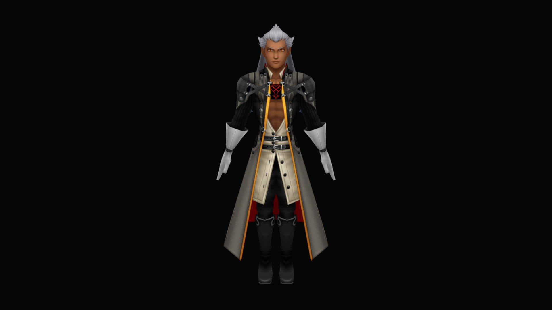 Ansem Seeker Of Darkness 桌布 壁紙 — 一個風格化的動漫角色，銀色頭髮和分層外套，站在黑色背景前。