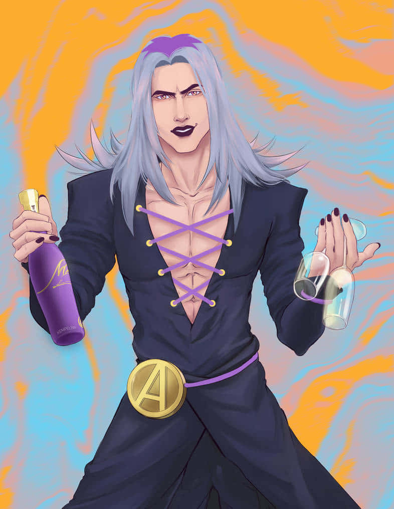 Leone Abbacchio 桌布 壁紙 — 一個風格化的動漫角色，銀色頭髮帶紫色點綴，在旋轉的橙色和藍色背景前拿著一個瓶子和一個杯子。