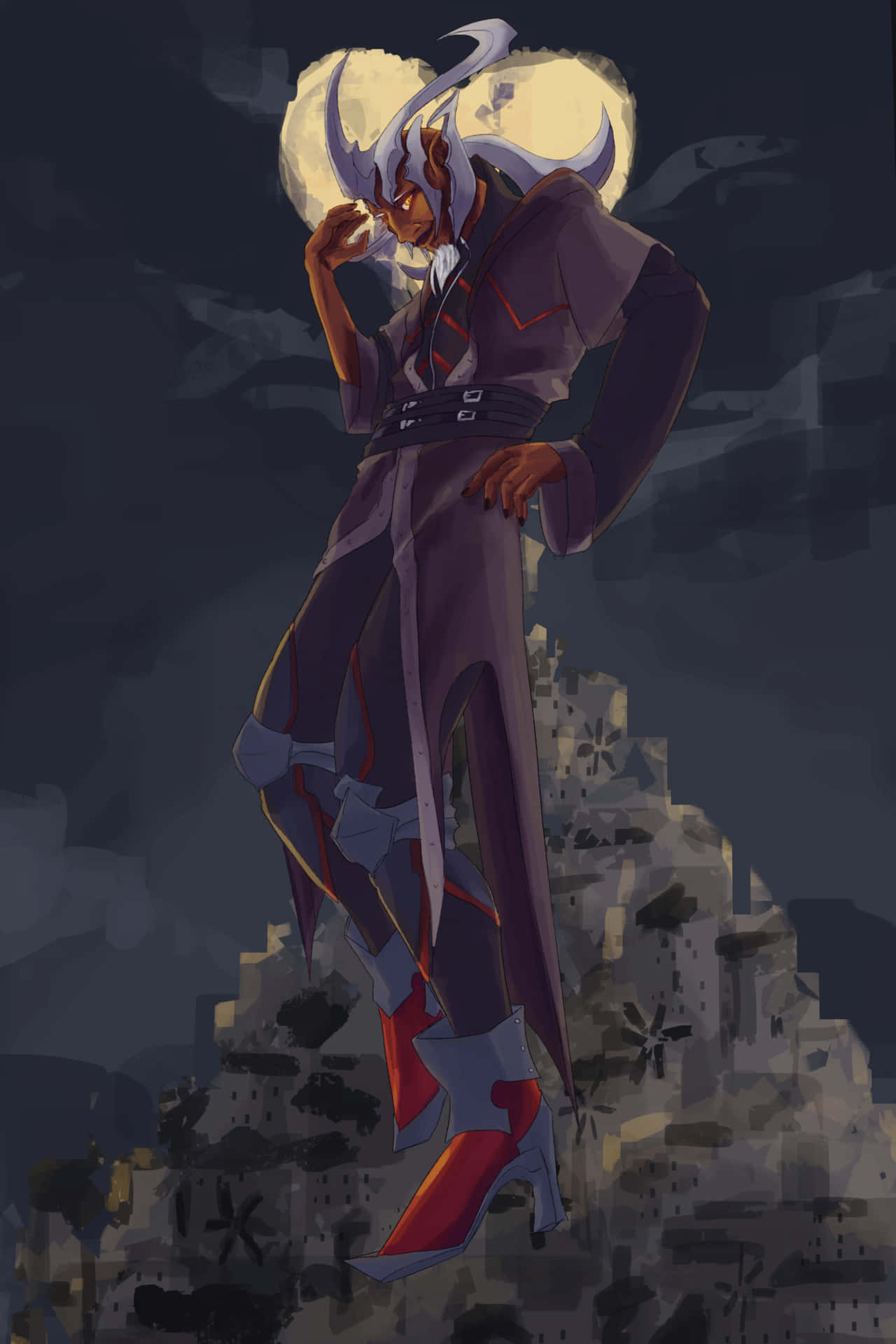 Kingdom Hearts Xehanort 桌布 壁紙 — 一個風格化的動漫角色，長有白色角和紫色服裝，站在發光的月亮下的廢墟城市景觀之上。
