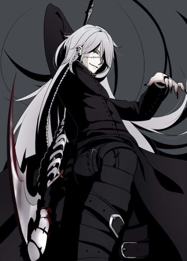 Black Butler Undertaker 桌布 壁紙 — 一個風格化的動漫角色，長著白色長髮和骷髏臉，在黑暗旋轉的背景中揮舞著沾滿血的劍。