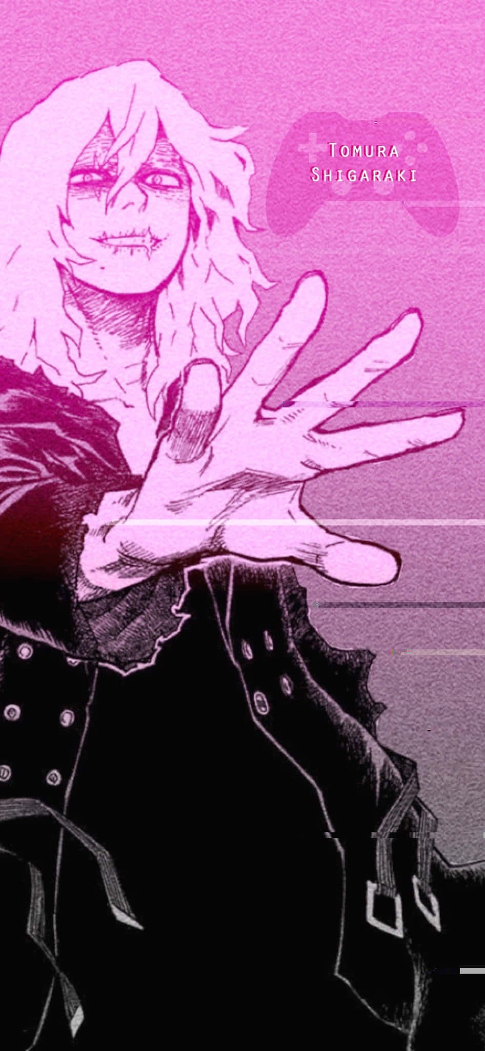 Tomura Shigaraki 桌布 壁紙 — 一個風格化的動漫角色，長長的白髮和邪惡的笑容，在充滿活力的粉紅色背景上伸出手。