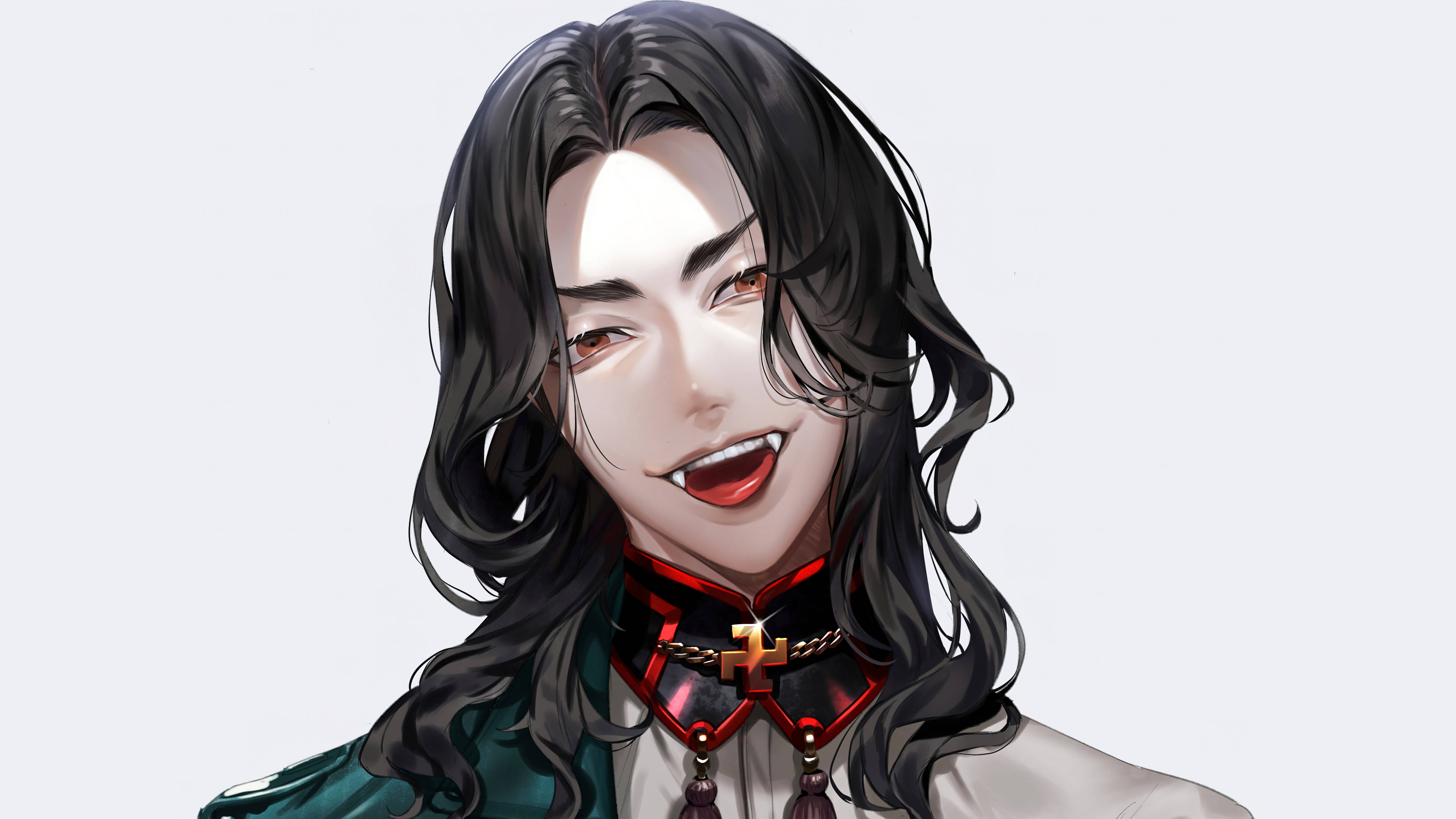 動漫男孩 桌布 壁紙 — 一個風格化的動漫角色，長長的黑髮和尖牙，在純色背景上微笑。