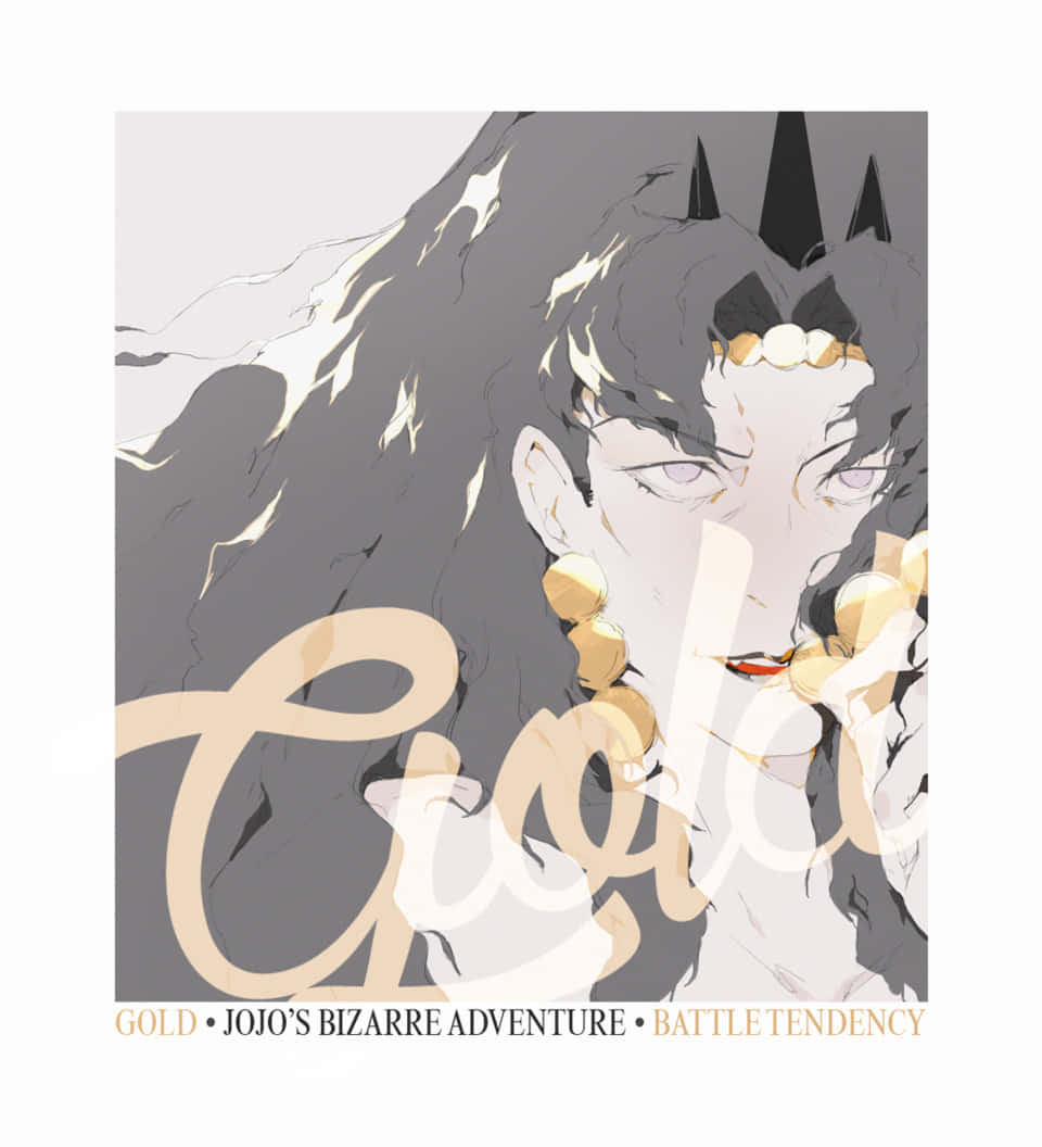 Jojo's Bizarre Adventure Kars 桌布 壁紙 — 一個風格化的動漫角色，長長的黑髮和金色飾品，在柔和的灰色背景前凝視著。