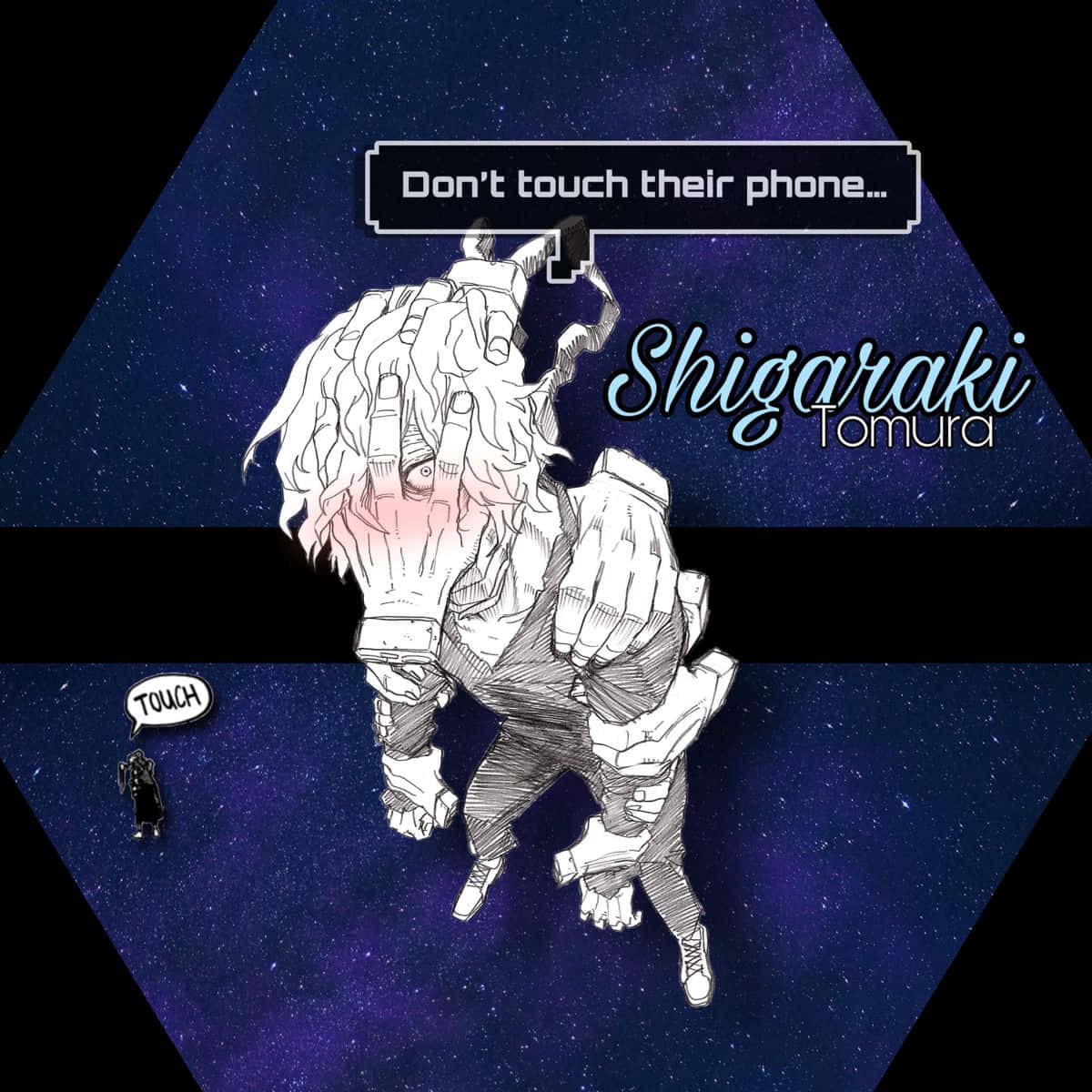 Tomura Shigaraki 桌布 壁紙 — 一個風格化的動漫角色，長髮和機械肢體漂浮在星光點點的紫色虛空中，下方一個微小的人物催促觸摸他們的電話。