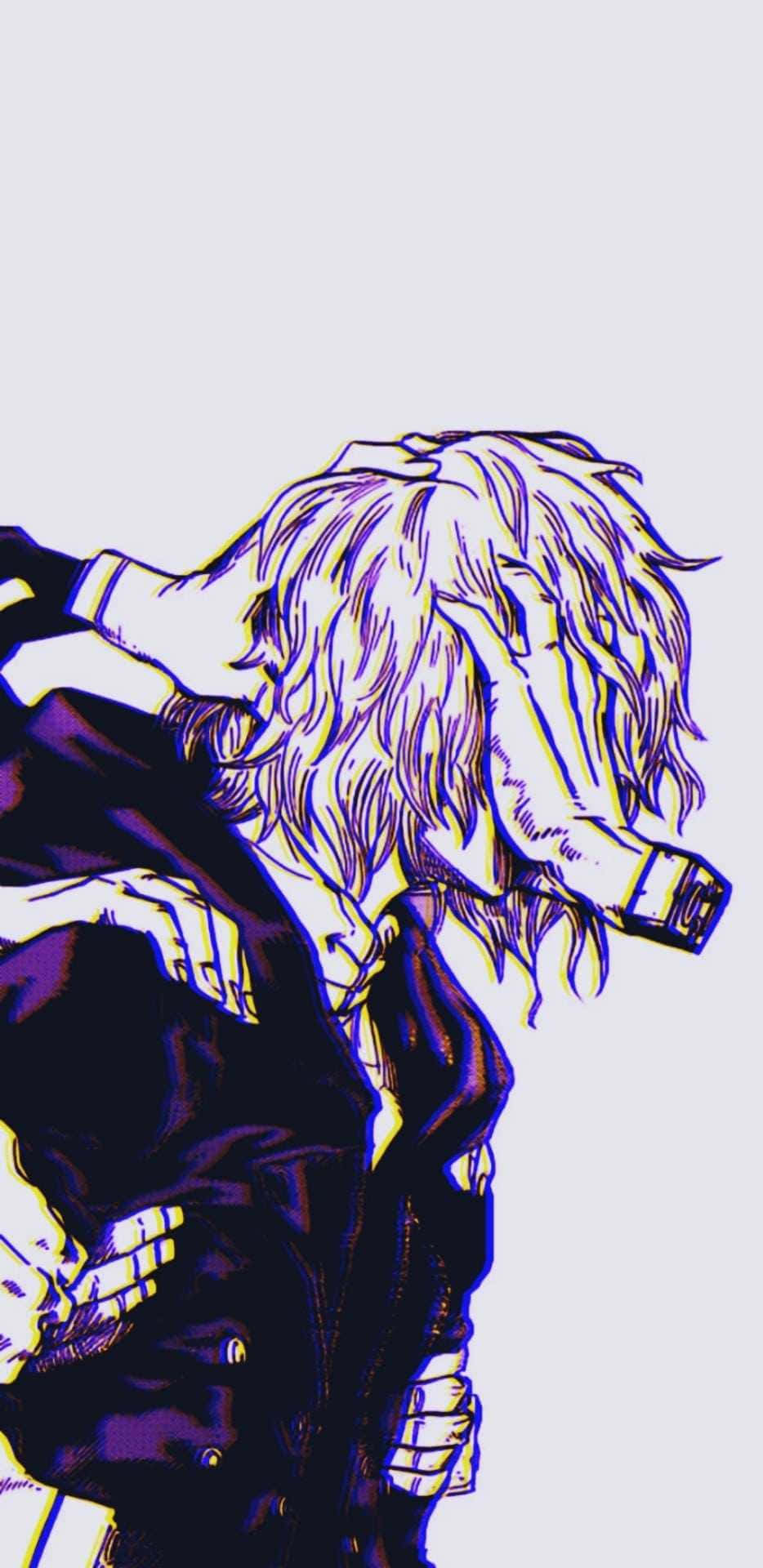 Tomura Shigaraki 桌布 壁紙 — 一個風格化的動漫角色，頭髮狂野，身穿深色外套，在純色背景前向前傾。