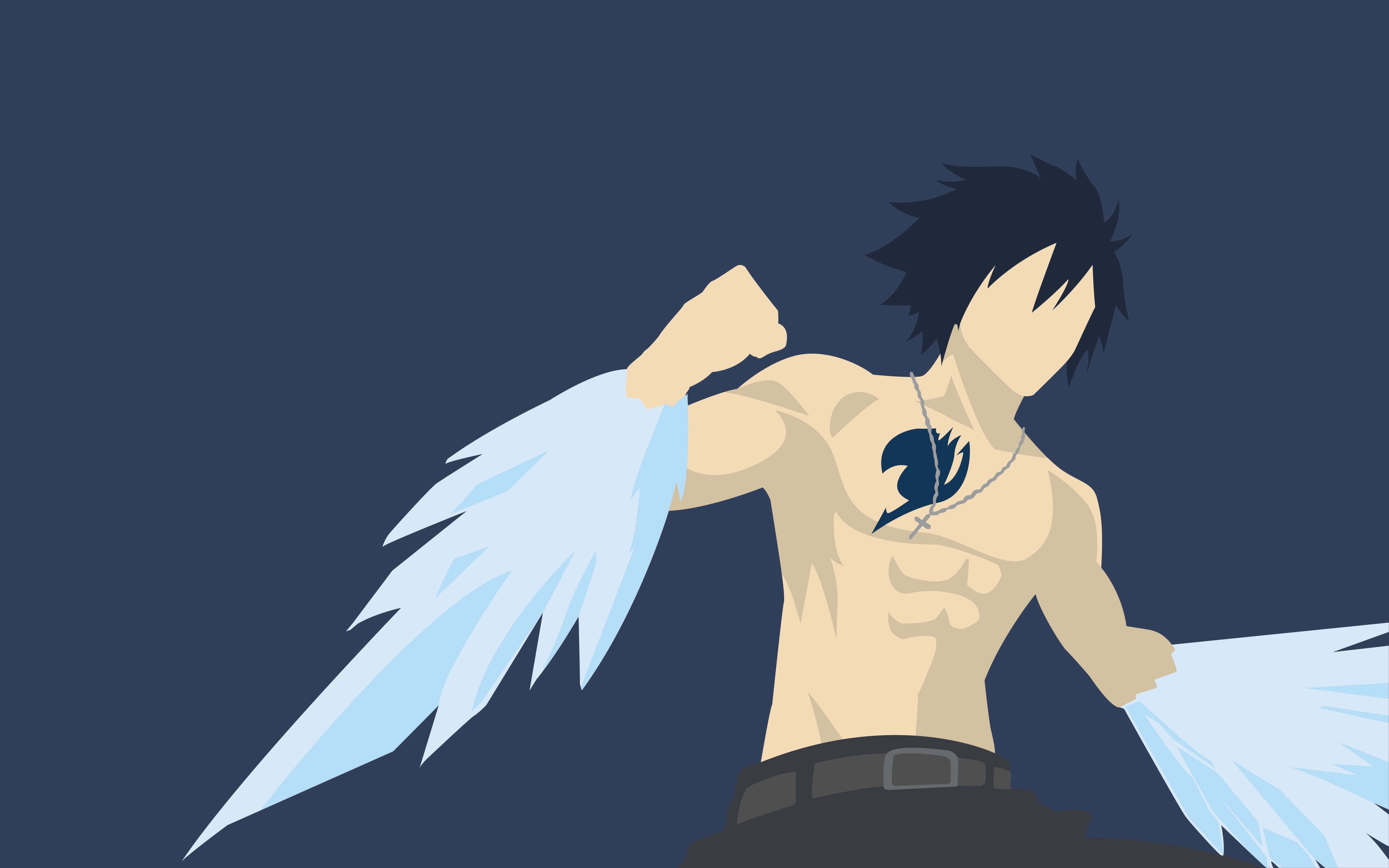 Gray Fullbuster 桌布 壁紙 — 一個風格化的動漫角色，黑色頭髮和淺藍色翅膀，在深藍色背景上展示肌肉。