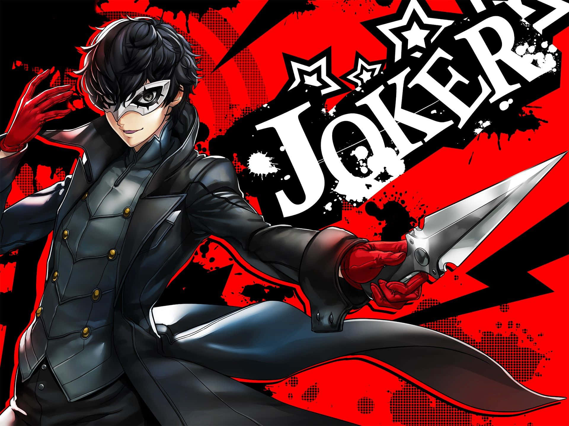 persona 桌布 壁紙 — 一個風格化的動漫角色，黑髮、戴白色面具，在帶有 JOKER 字樣的醒目紅色和黑色潑濺背景中揮舞著一把銀色匕首。