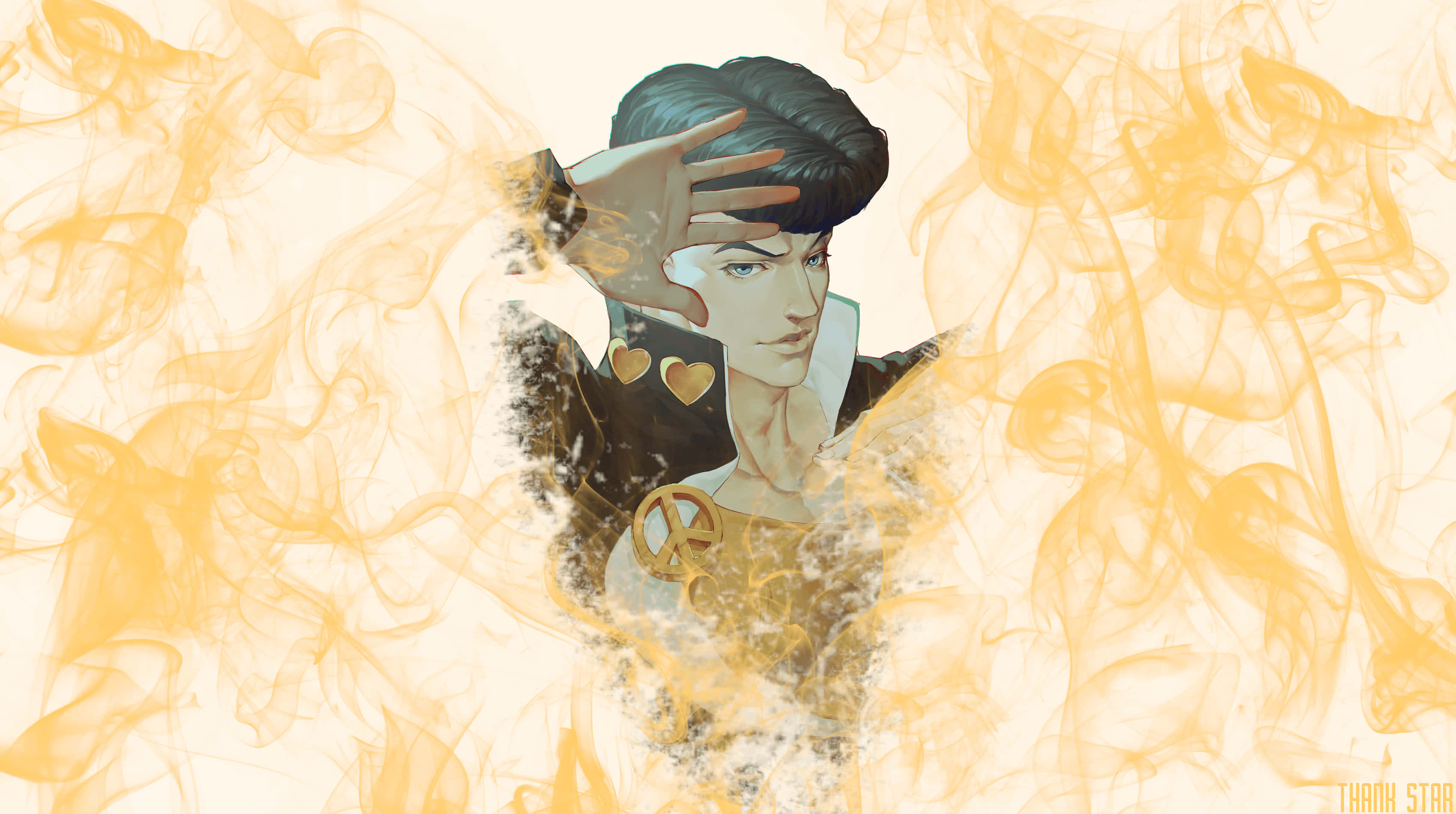 Josuke Higashikata 桌布 壁紙 — 一個風格化的動漫角色，黑髮藍眼，從旋轉的金色煙霧中出現，穿著帶有心臟與和平符號的黑色外套。