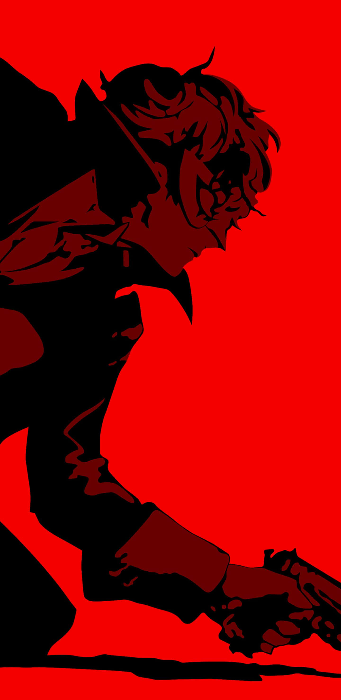 persona 桌布 壁紙 — 一個風格化的動漫角色以剪影形式跪在鮮紅色背景上，手持槍支。