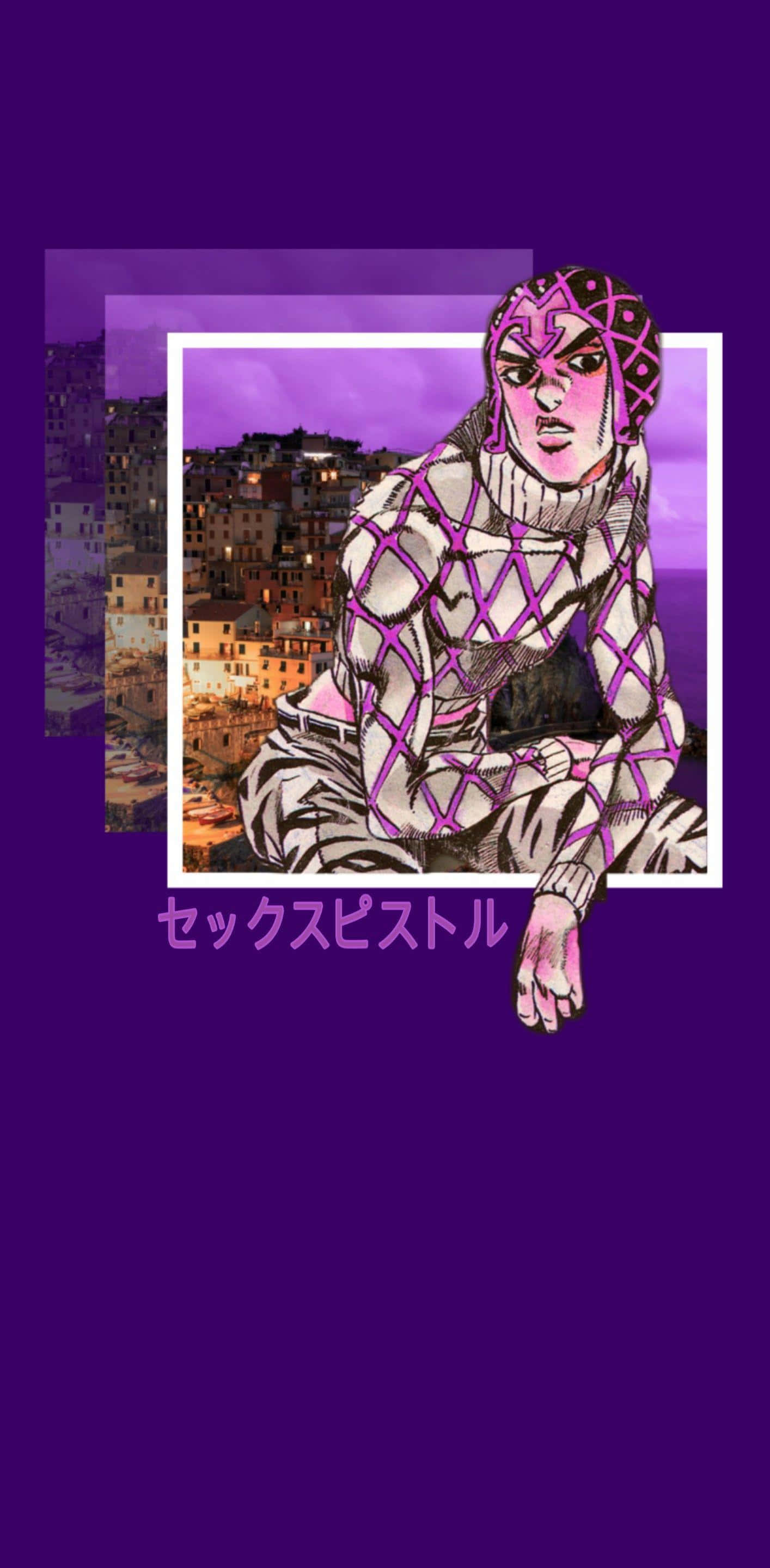 Guido Mista 桌布 壁紙 — 一個風格化的動漫角色戴著幾何紫色面具，坐在一個鑲框的城市景觀之上，背景為深紫色。