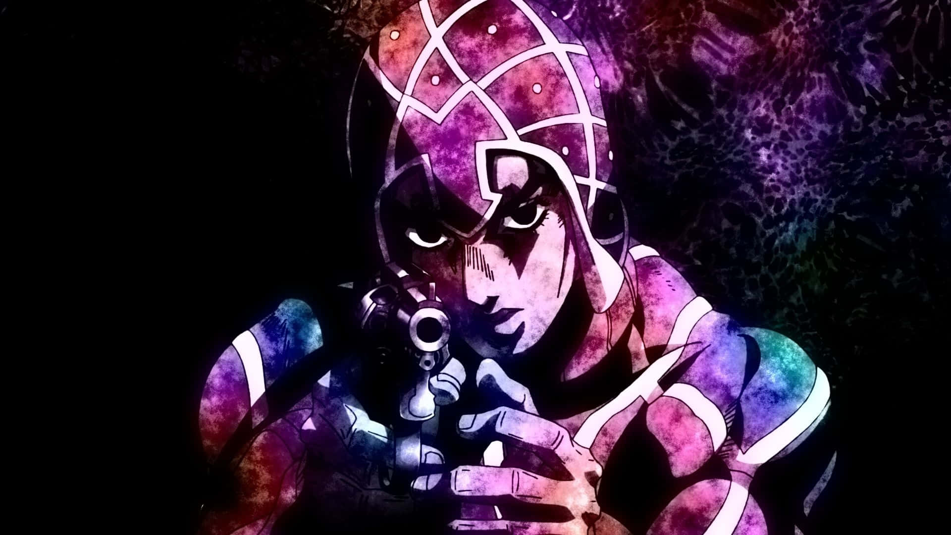 Guido Mista 桌布 壁紙 — 一個風格化的動漫角色戴著幾何頭盔，在深紫色紋理背景前瞄準手槍。