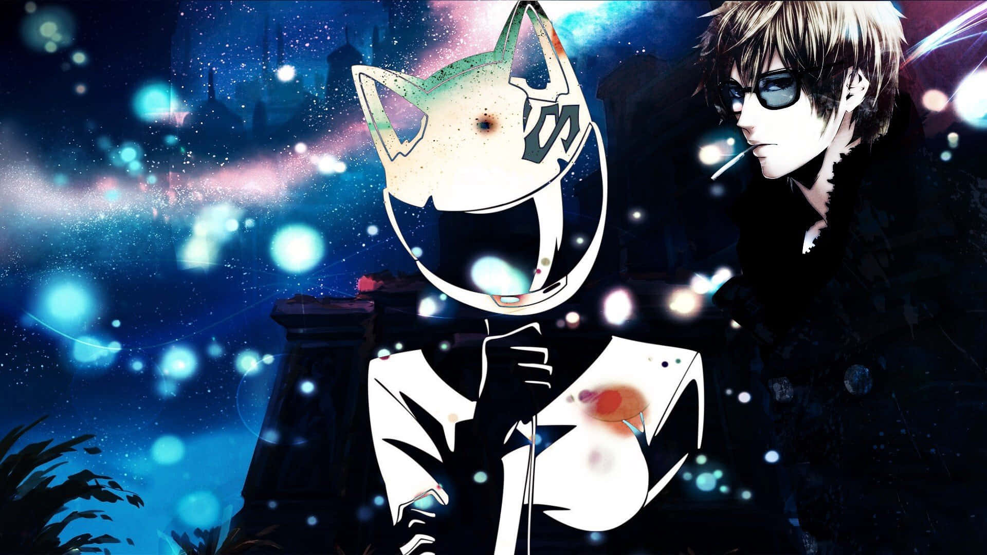 Celty Sturluson 桌布 壁紙 — 一個風格化的動漫角色戴著白色貓面具，站在一個戴眼鏡的黑髮男子旁邊，背景是發光的宇宙夜空。